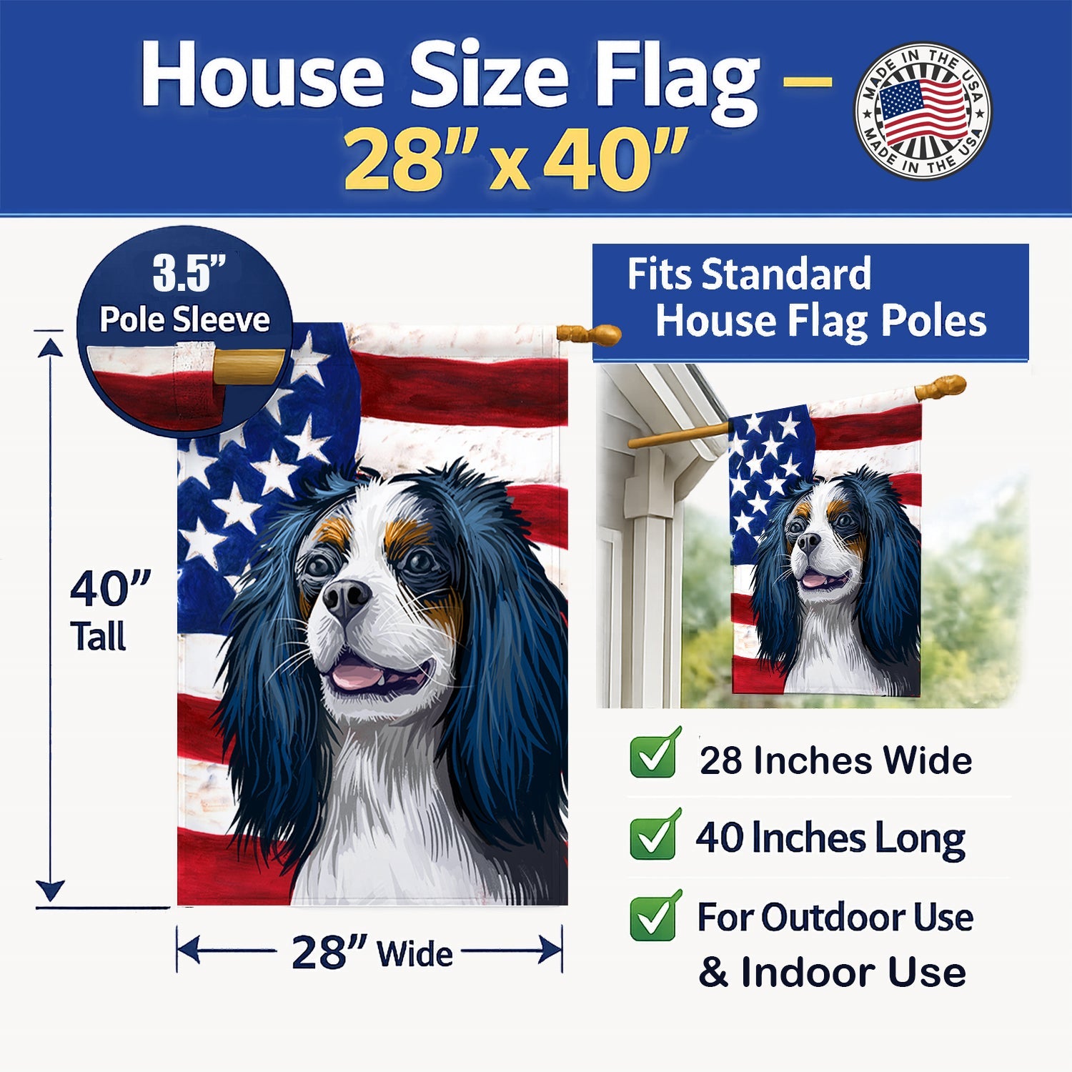 King Charles Spaniel American Flag House Flag 28x40 Porch Sleeve Pole Decorative Outside Yard Banner Artwork Wall Hanging, Polyester
