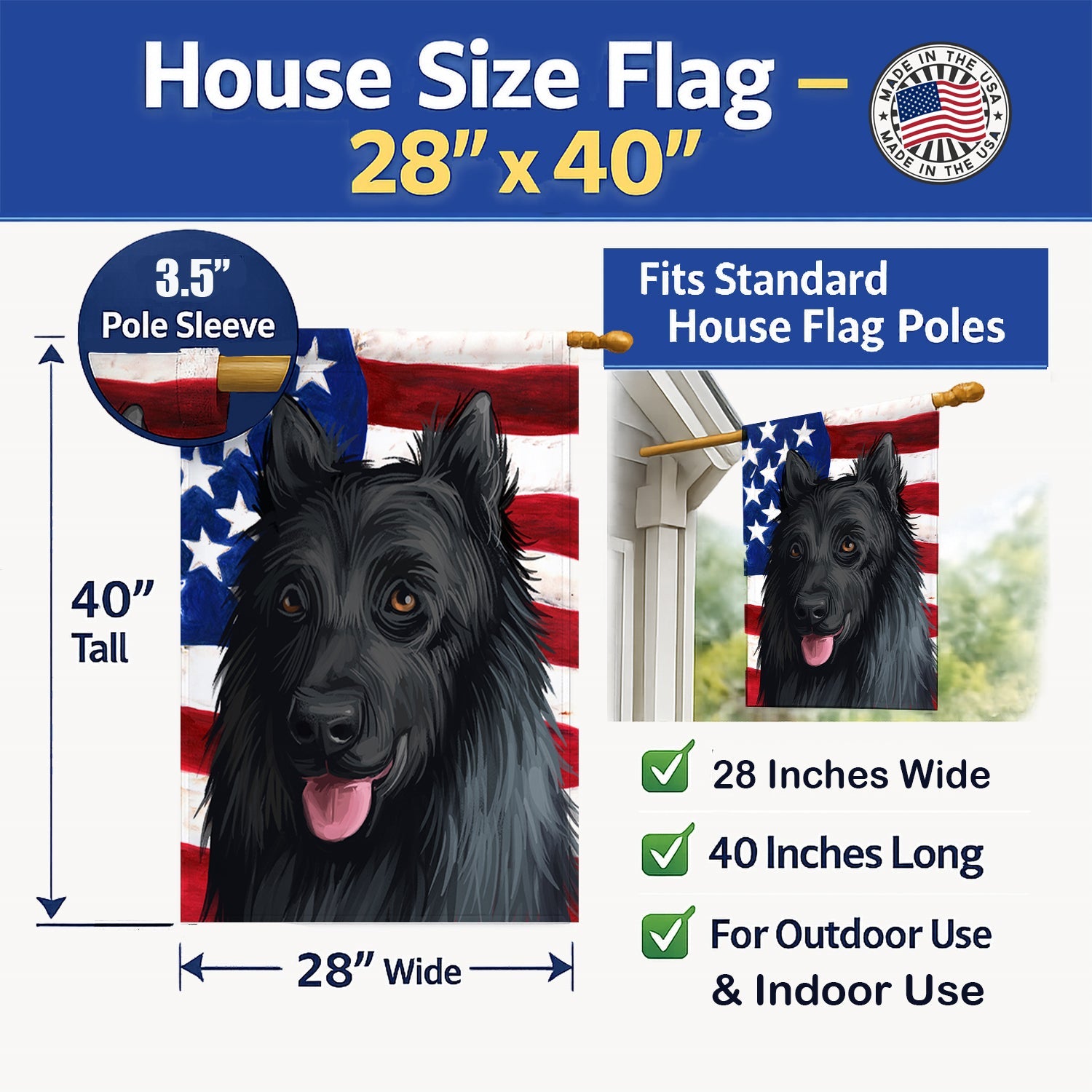 King Shepherd American Flag House Flag 28x40 Porch Sleeve Pole Decorative Outside Yard Banner Artwork Wall Hanging, Polyester