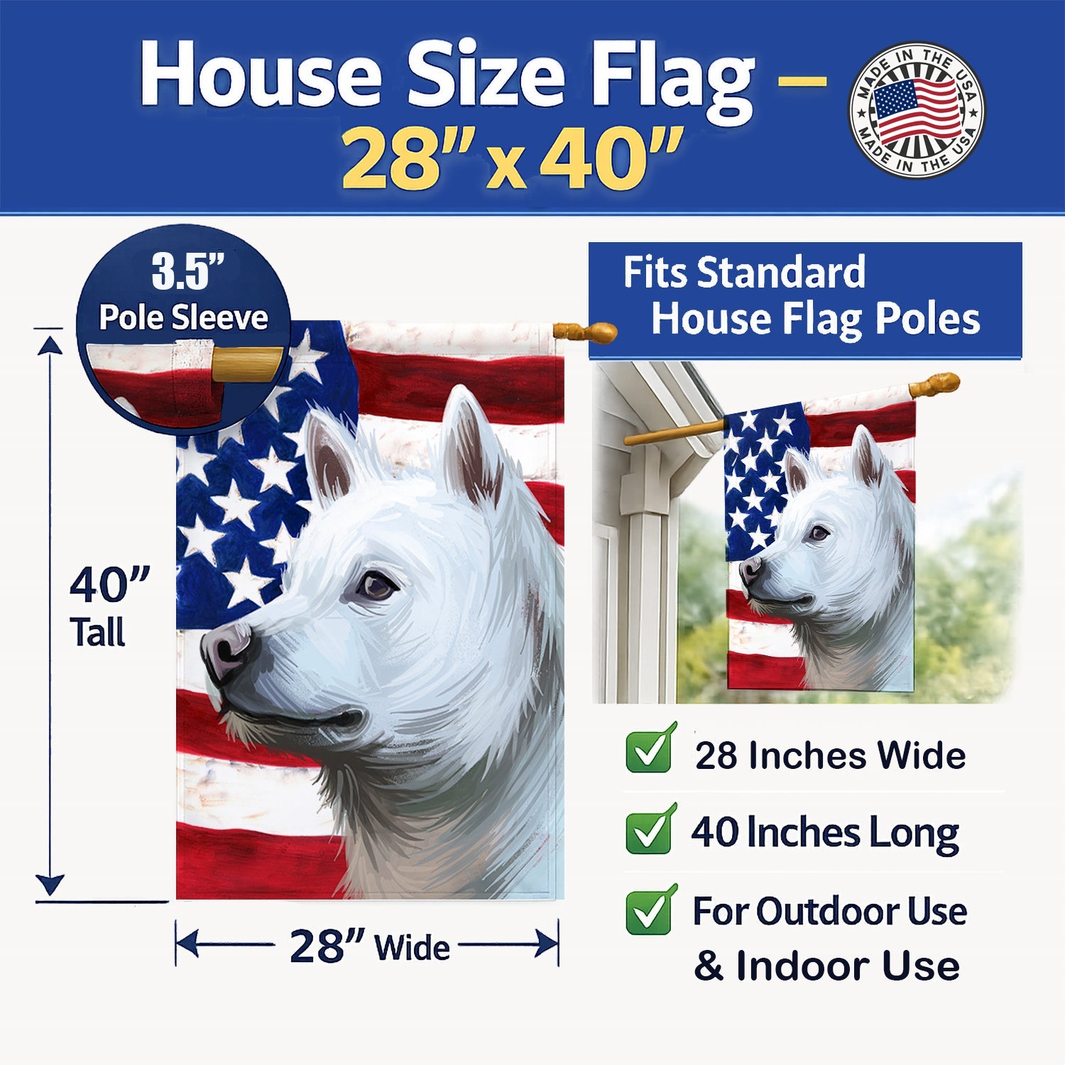 Kishu Ken American Flag House Flag 28x40 Porch Sleeve Pole Decorative Outside Yard Banner Artwork Wall Hanging, Polyester