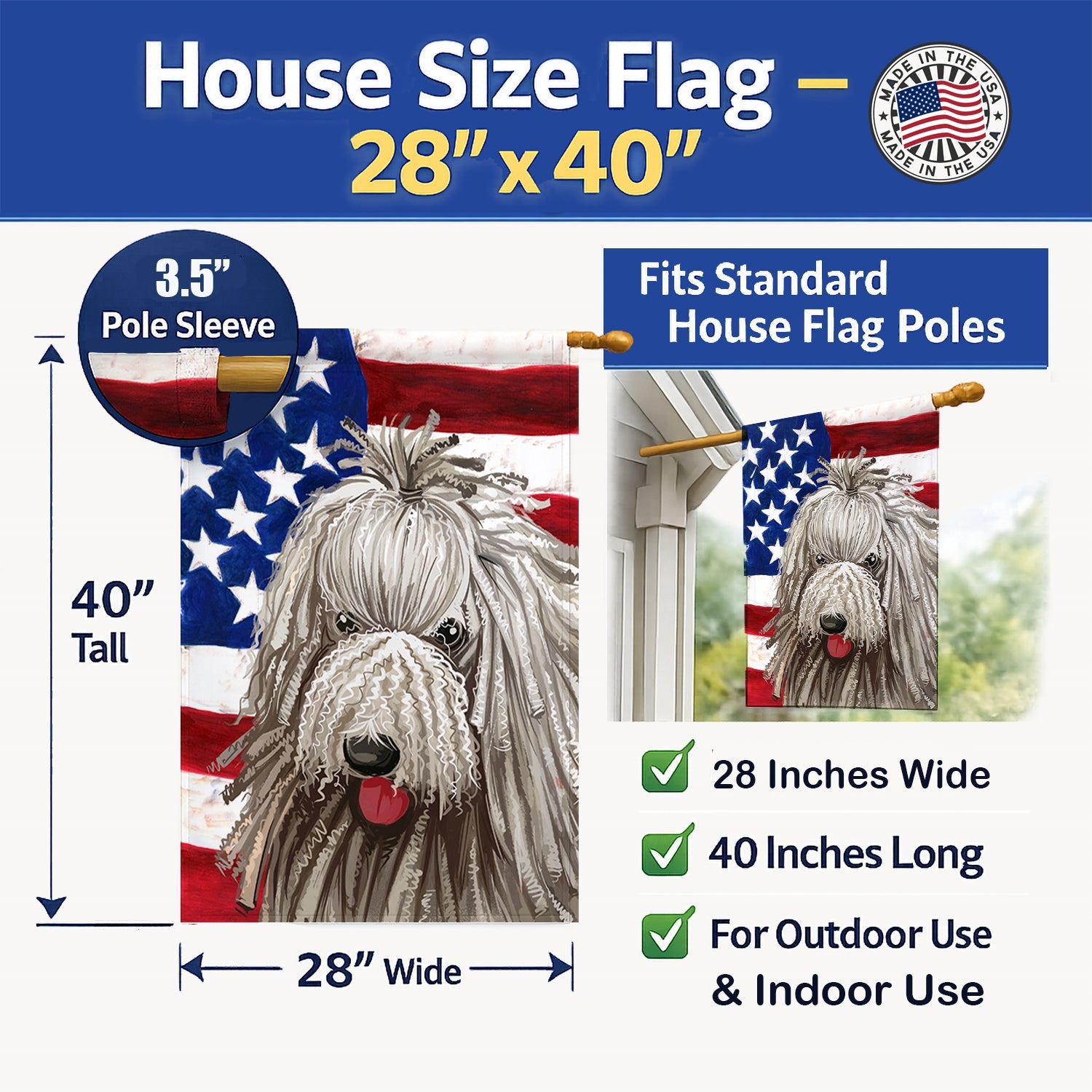 Komondor American Flag House Flag 28x40 Porch Sleeve Pole Decorative Outside Yard Banner Artwork Wall Hanging, Polyester
