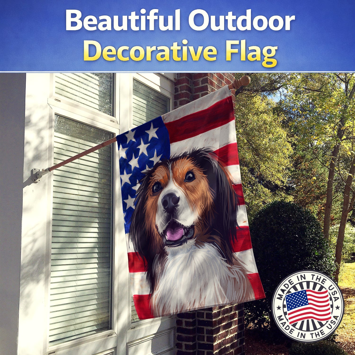 Kooikerhondje American Flag House Flag 28x40 Porch Sleeve Pole Decorative Outside Yard Banner Artwork Wall Hanging, Polyester