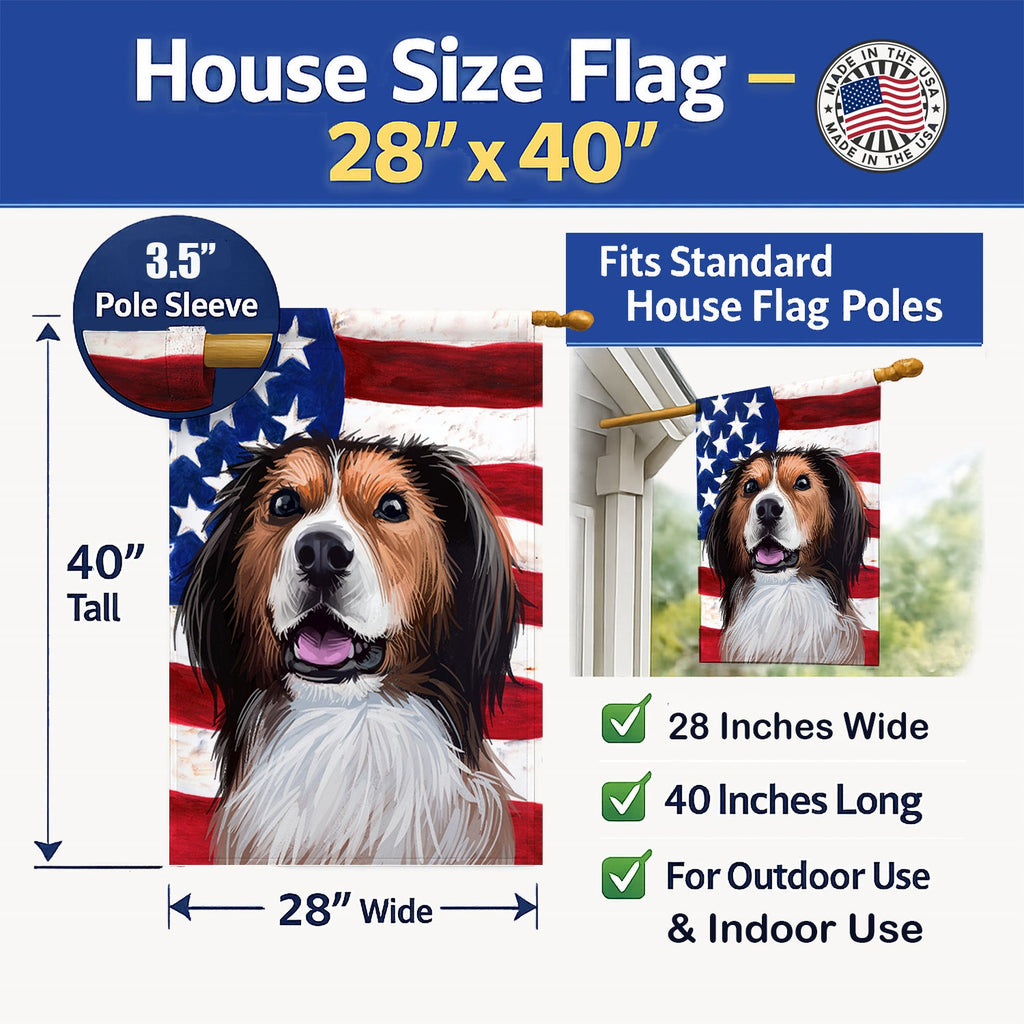 Kooikerhondje American Flag House Flag 28x40 Porch Sleeve Pole Decorative Outside Yard Banner Artwork Wall Hanging, Polyester