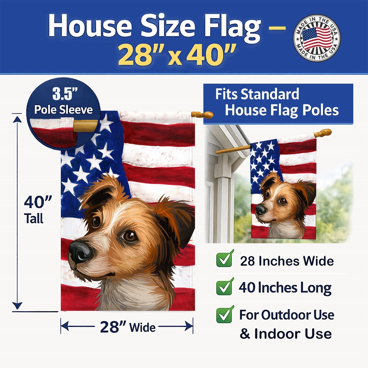 Kromfohrlander American Flag House Flag 28x40 Porch Sleeve Pole Decorative Outside Yard Banner Artwork Wall Hanging, Polyester