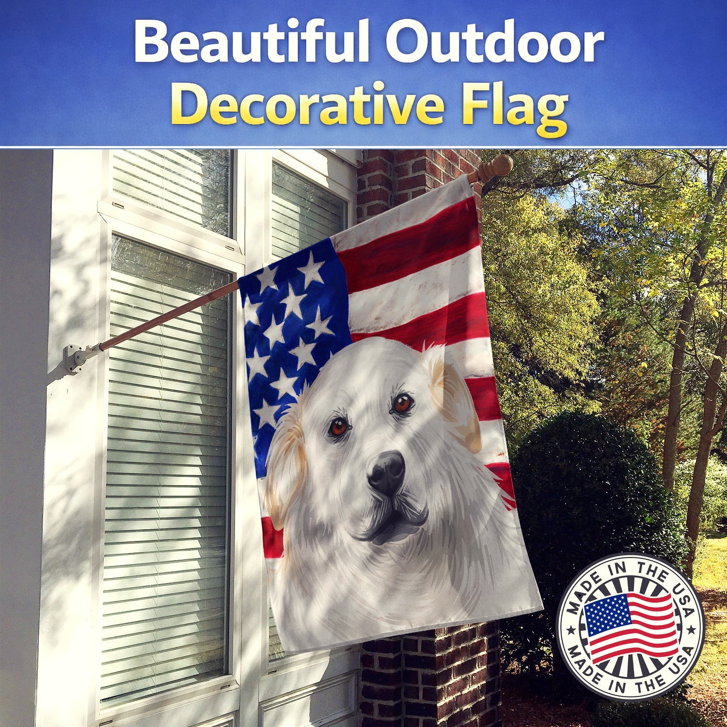 Kuvasz American Flag House Flag 28x40 Porch Sleeve Pole Decorative Outside Yard Banner Artwork Wall Hanging, Polyester