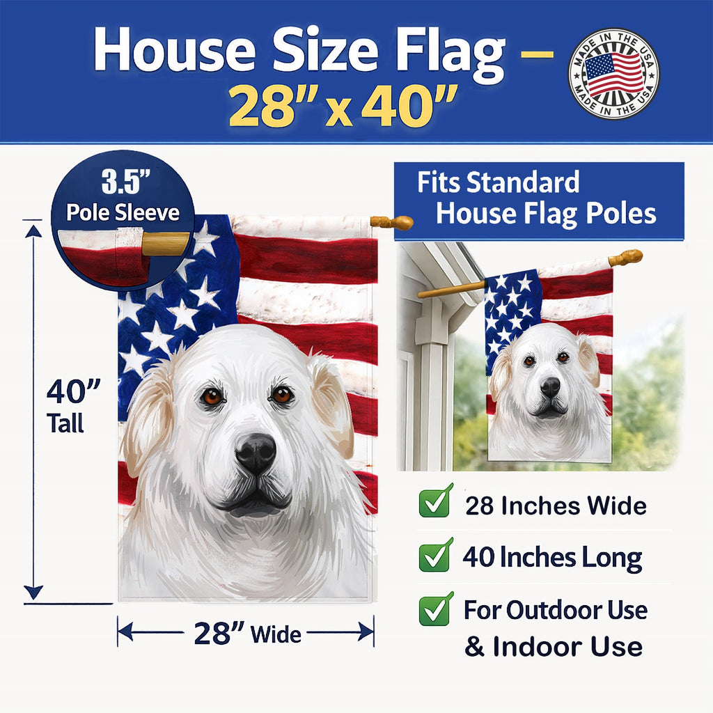 Kuvasz American Flag House Flag 28x40 Porch Sleeve Pole Decorative Outside Yard Banner Artwork Wall Hanging, Polyester