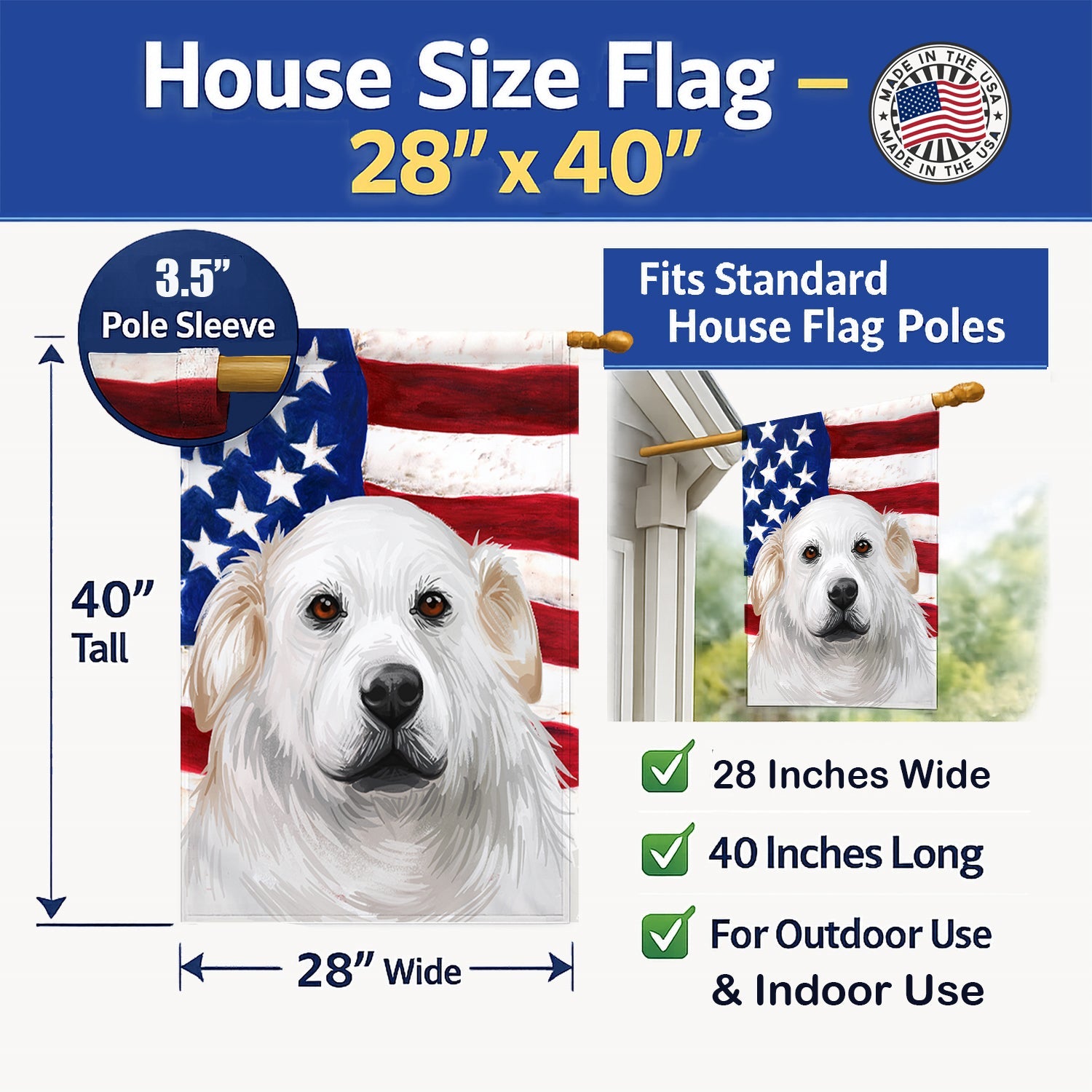 Kuvasz American Flag House Flag 28x40 Porch Sleeve Pole Decorative Outside Yard Banner Artwork Wall Hanging, Polyester