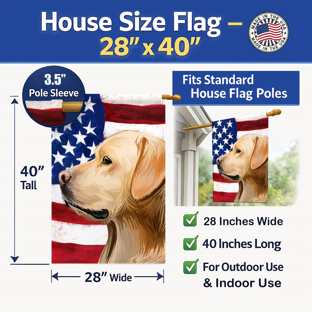 Labrador Retriever American Flag House Flag 28x40 Porch Sleeve Pole Decorative Outside Yard Banner Artwork Wall Hanging, Polyester