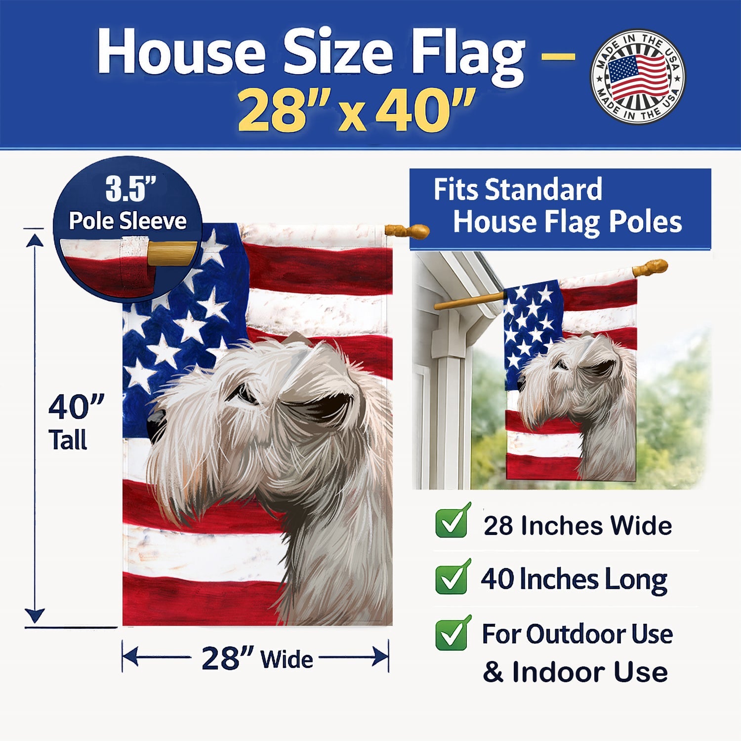 Lakeland Terrier American Flag House Flag 28x40 Porch Sleeve Pole Decorative Outside Yard Banner Artwork Wall Hanging, Polyester