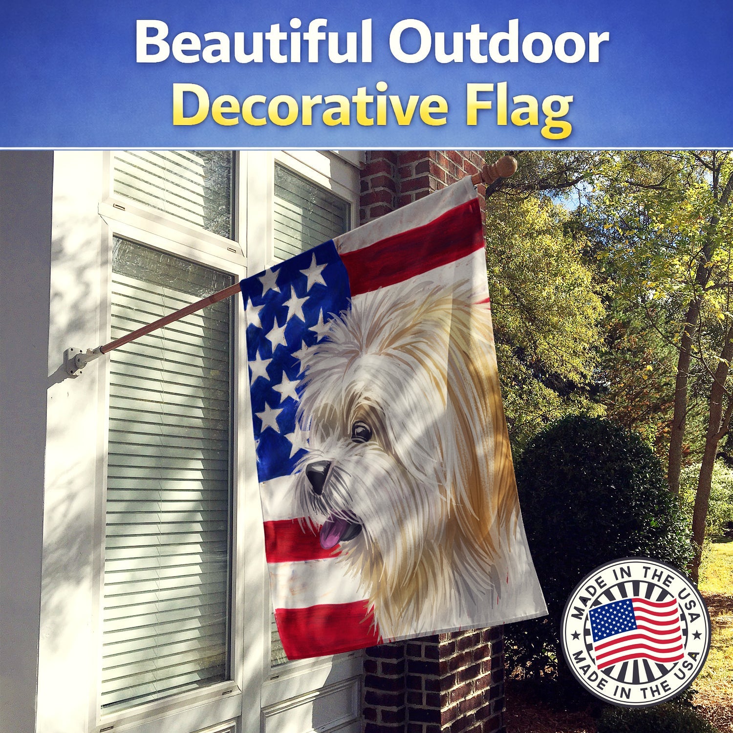 Lhasa Apso American Flag House Flag 28x40 Porch Sleeve Pole Decorative Outside Yard Banner Artwork Wall Hanging, Polyester