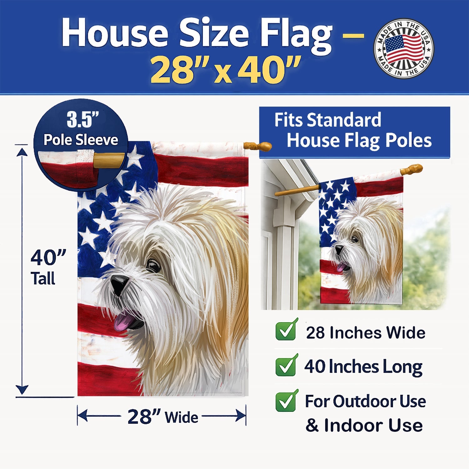 Lhasa Apso American Flag House Flag 28x40 Porch Sleeve Pole Decorative Outside Yard Banner Artwork Wall Hanging, Polyester
