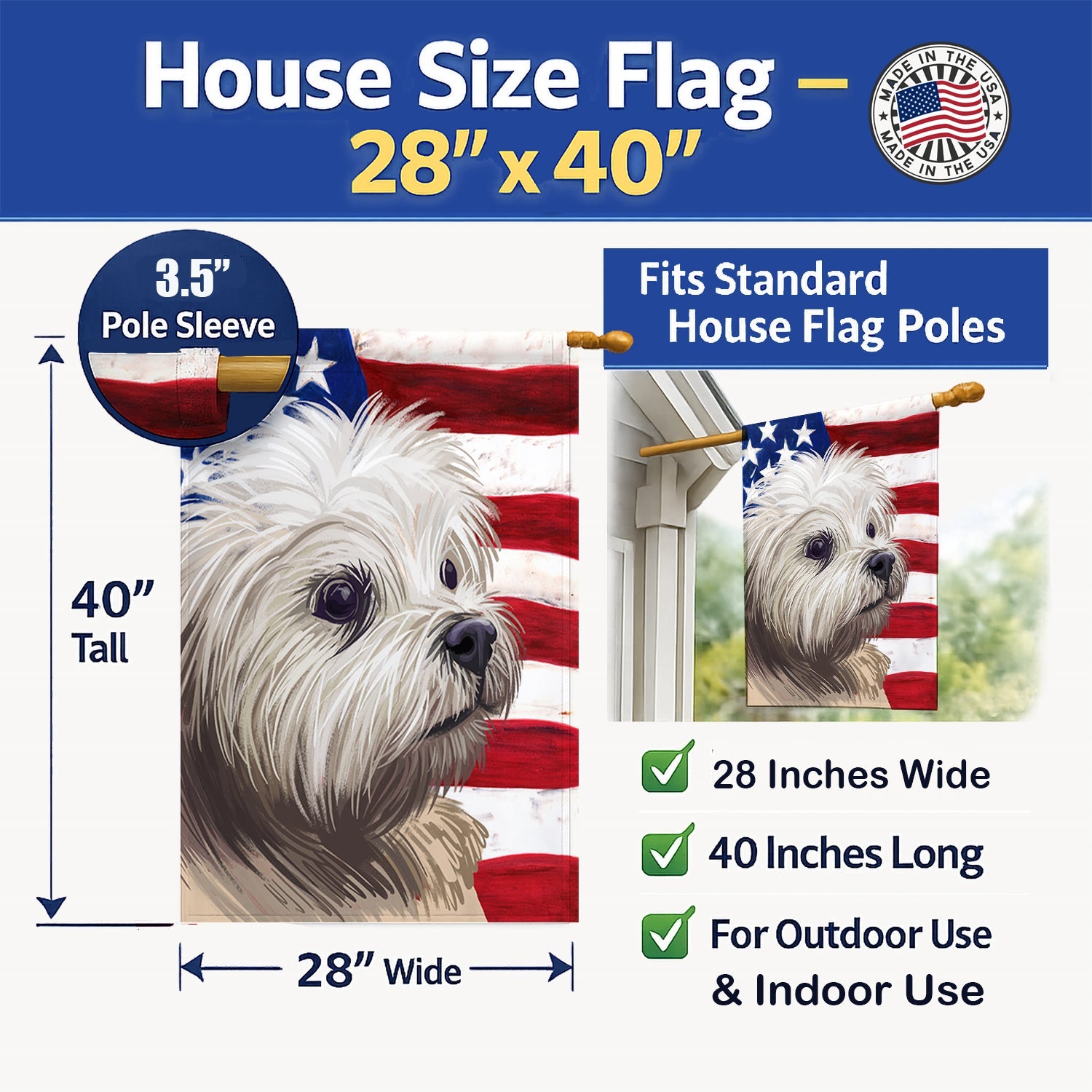 Lowchen American Flag House Flag 28x40 Porch Sleeve Pole Decorative Outside Yard Banner Artwork Wall Hanging, Polyester