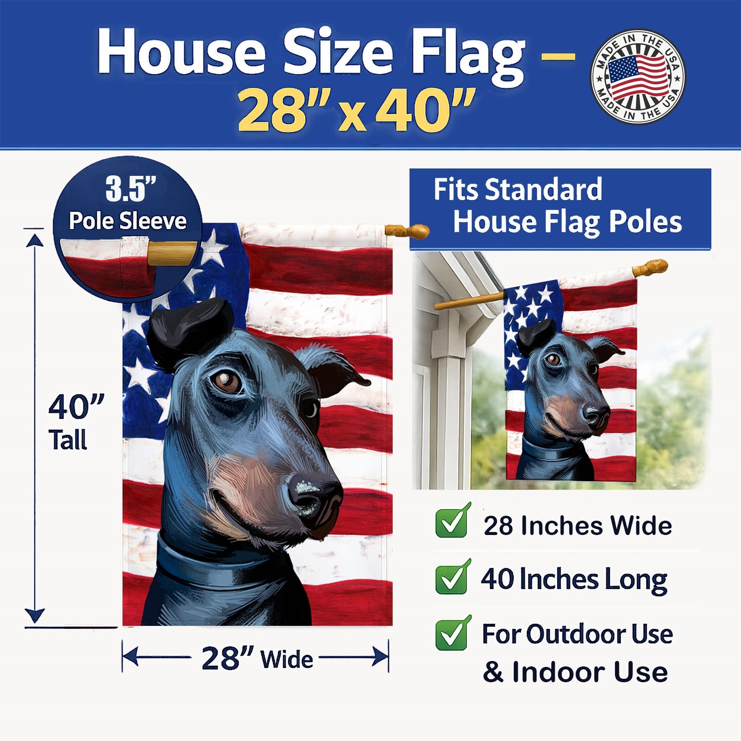 Manchester Terrier American Flag House Flag 28x40 Porch Sleeve Pole Decorative Outside Yard Banner Artwork Wall Hanging, Polyester