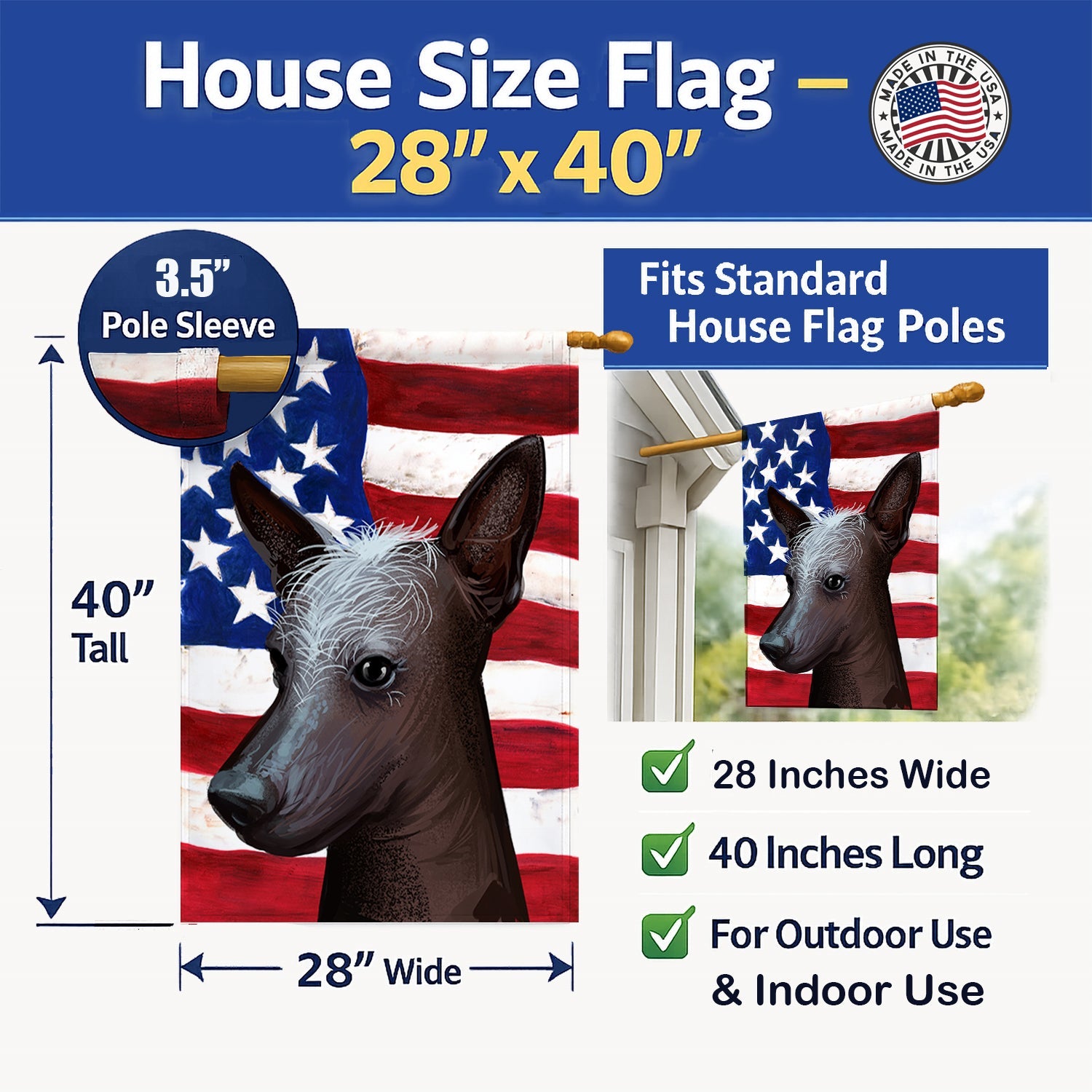 Mexican Hairless Dog American Flag House Flag 28x40 Porch Sleeve Pole Decorative Outside Yard Banner Artwork Wall Hanging, Polyester
