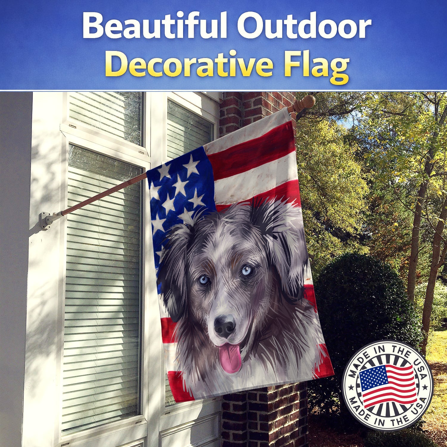 Miniature American Shepherd American Flag House Flag 28x40 Porch Sleeve Pole Decorative Outside Yard Banner Artwork Wall Hanging, Polyester