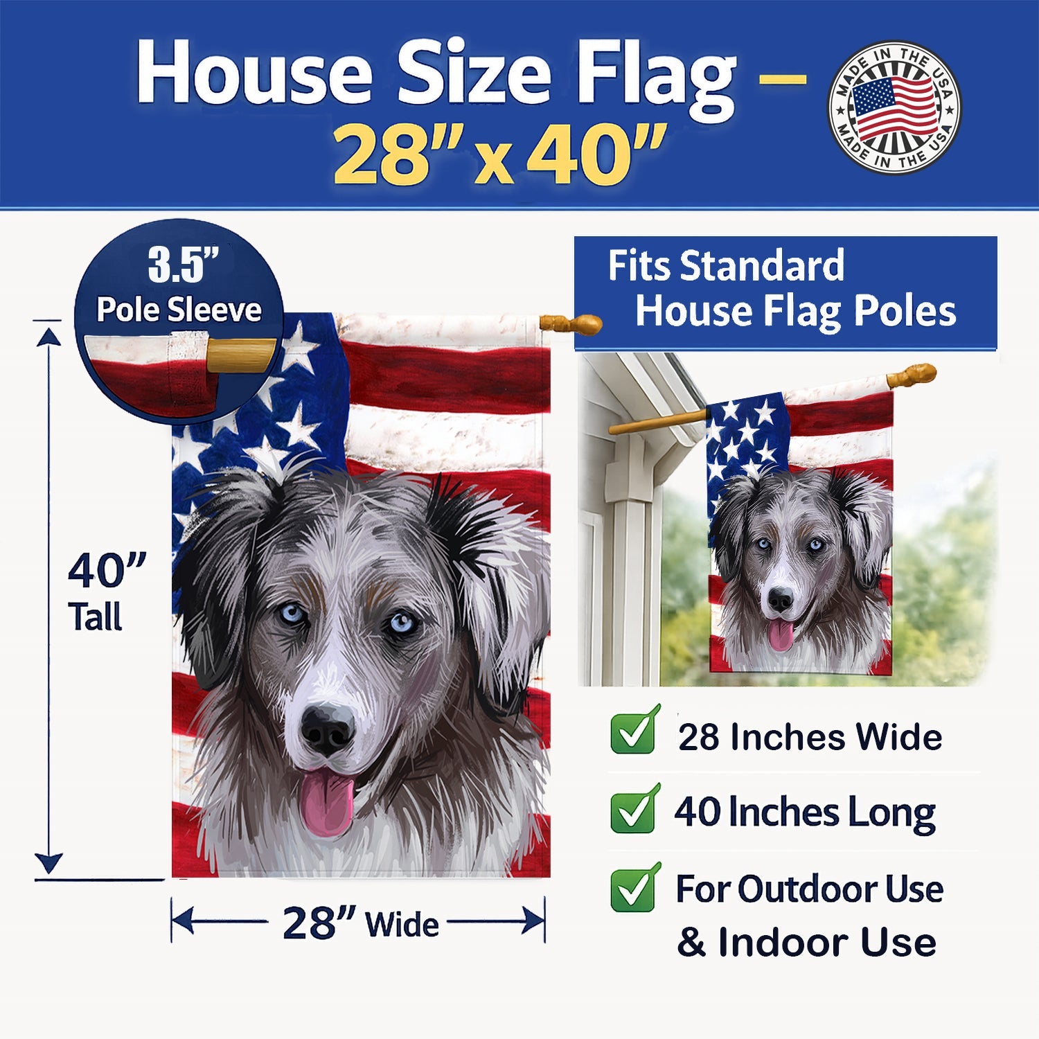 Miniature American Shepherd American Flag House Flag 28x40 Porch Sleeve Pole Decorative Outside Yard Banner Artwork Wall Hanging, Polyester