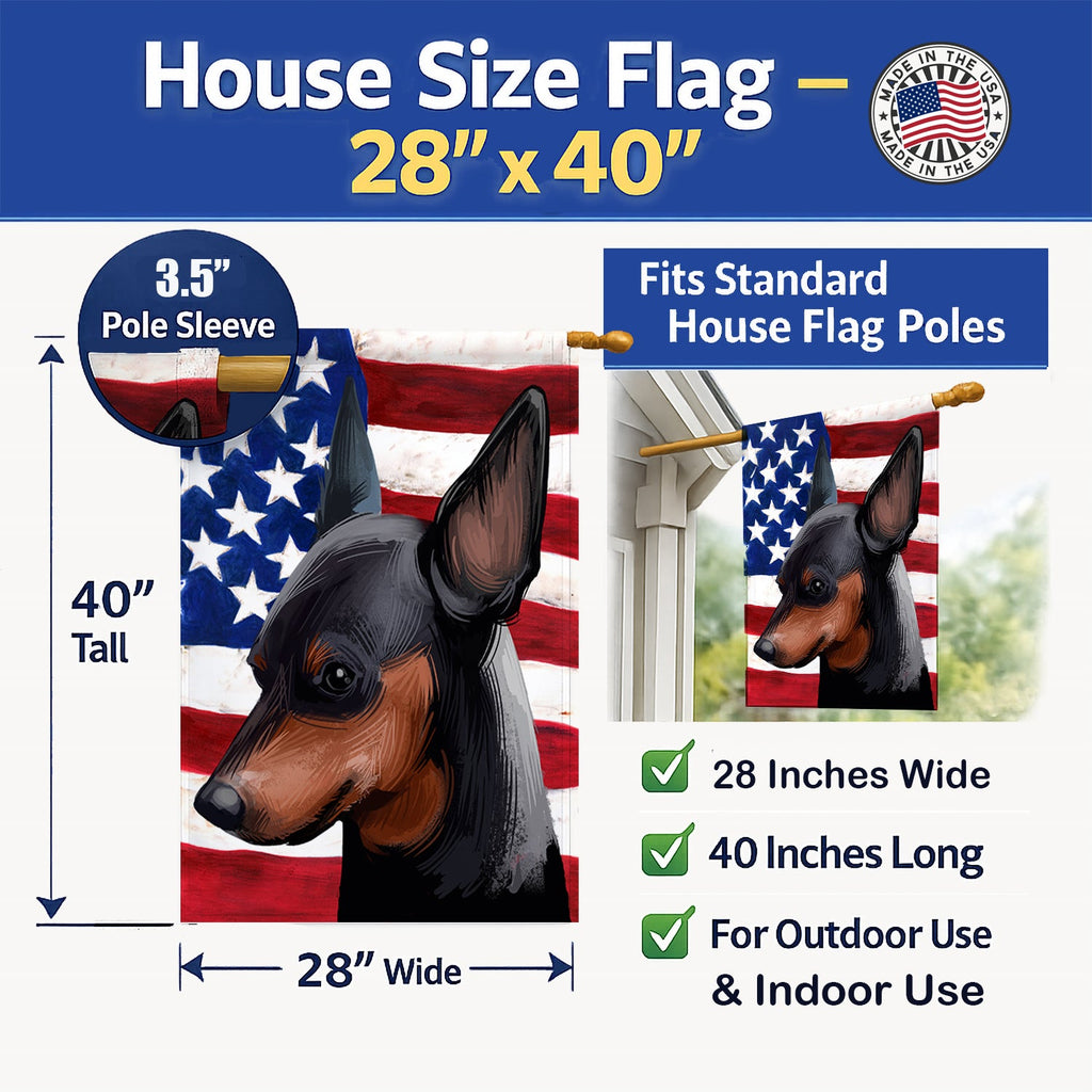 Miniature Pinscher Dog American Flag House Flag 28x40 Porch Sleeve Pole Decorative Outside Yard Banner Artwork Wall Hanging, Polyester