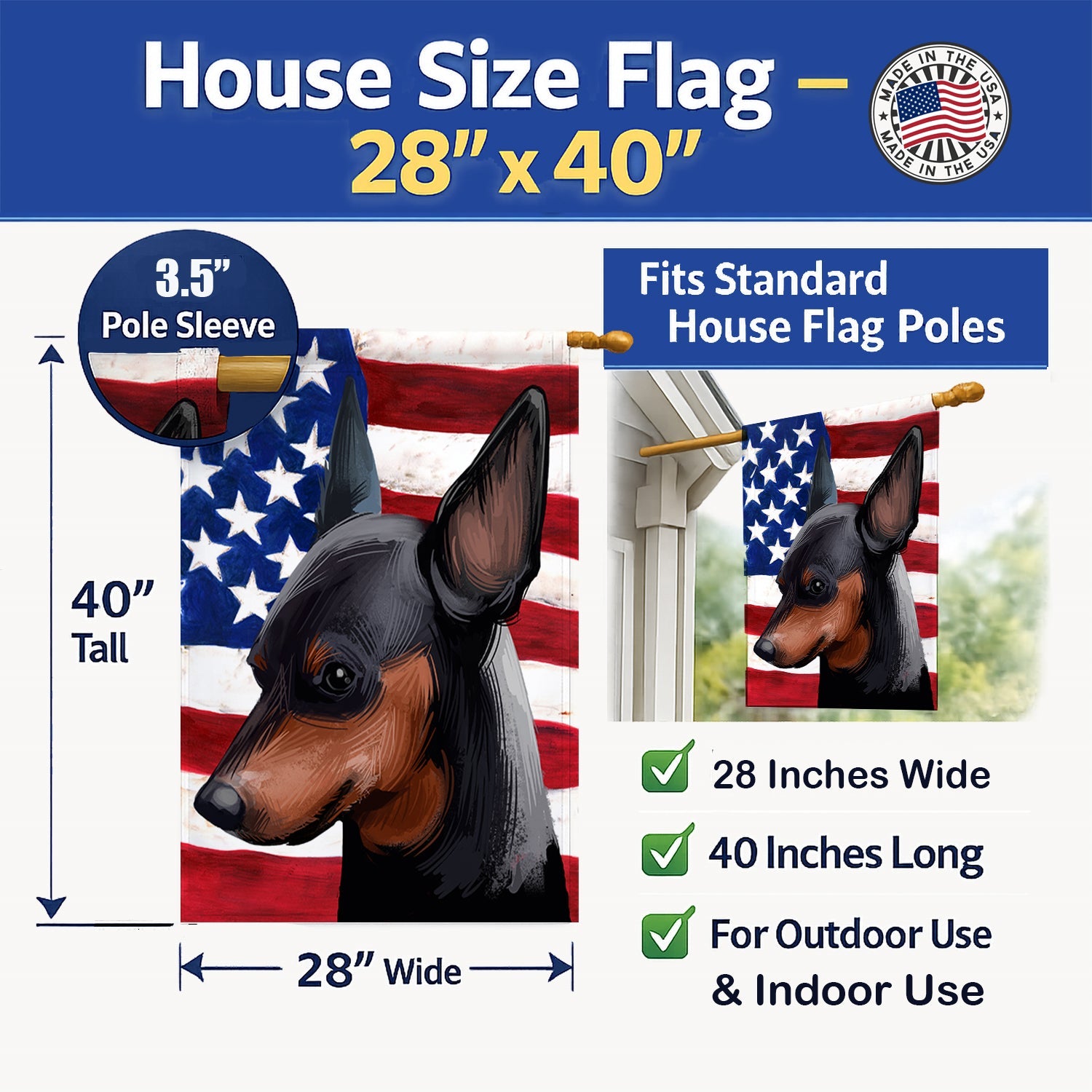 Miniature Pinscher Dog American Flag House Flag 28x40 Porch Sleeve Pole Decorative Outside Yard Banner Artwork Wall Hanging, Polyester