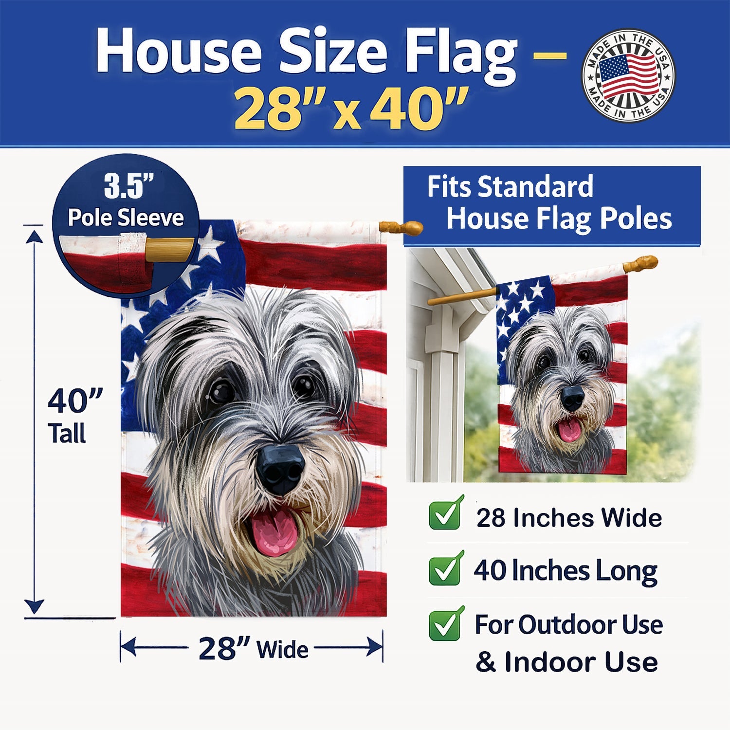 Miniature Schnauzer Dog American Flag House Flag 28x40 Porch Sleeve Pole Decorative Outside Yard Banner Artwork Wall Hanging, Polyester
