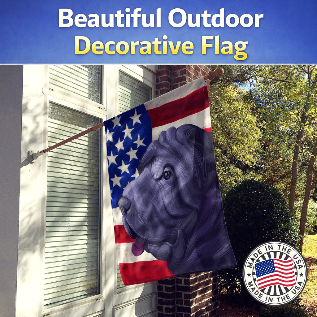 Miniature Shar Pei Dog American Flag House Flag 28x40 Porch Sleeve Pole Decorative Outside Yard Banner Artwork Wall Hanging, Polyester