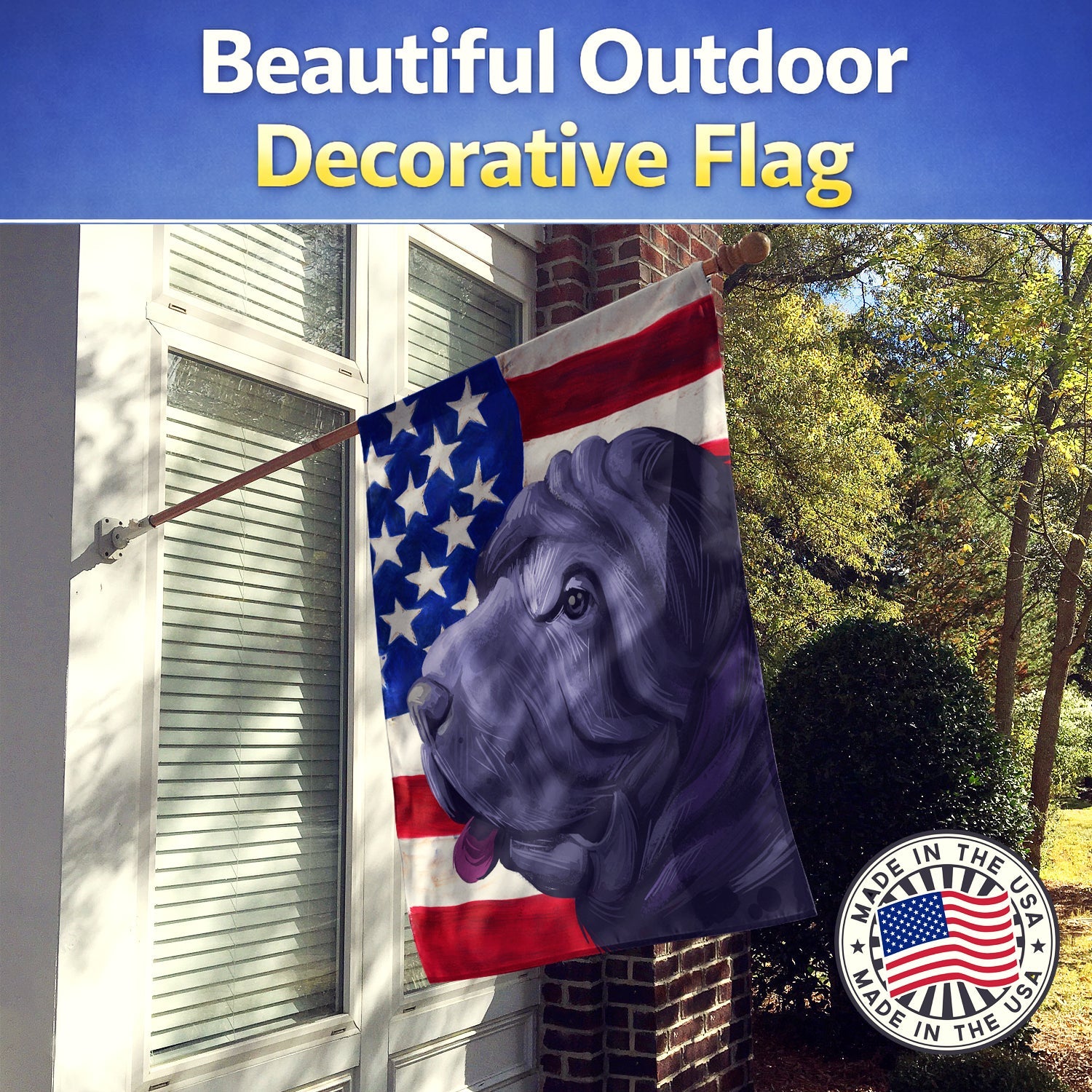 Miniature Shar Pei Dog American Flag House Flag 28x40 Porch Sleeve Pole Decorative Outside Yard Banner Artwork Wall Hanging, Polyester