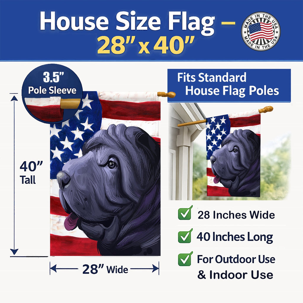 Miniature Shar Pei Dog American Flag House Flag 28x40 Porch Sleeve Pole Decorative Outside Yard Banner Artwork Wall Hanging, Polyester