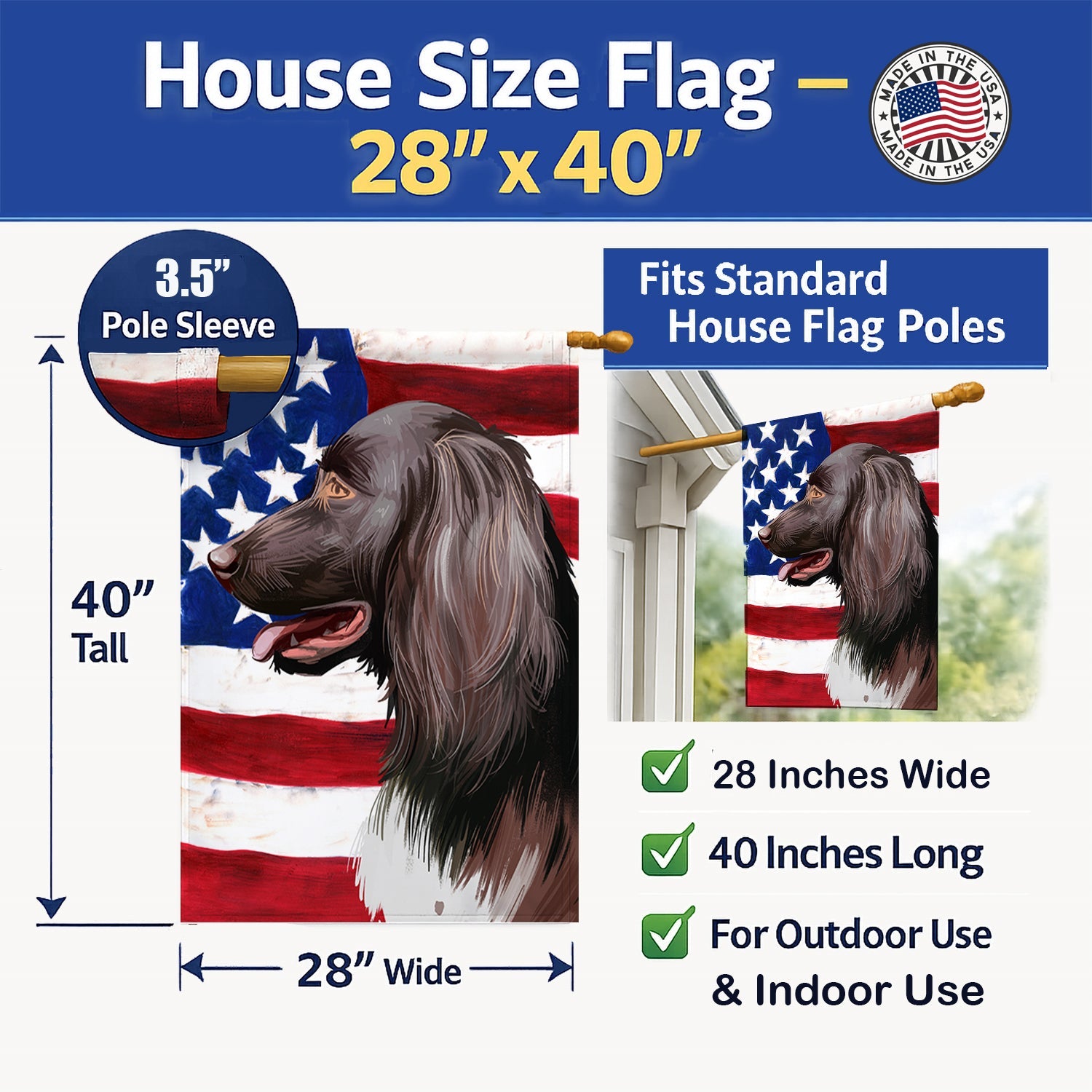 Small Munsterlander Dog American Flag House Flag 28x40 Porch Sleeve Pole Decorative Outside Yard Banner Artwork Wall Hanging, Polyester