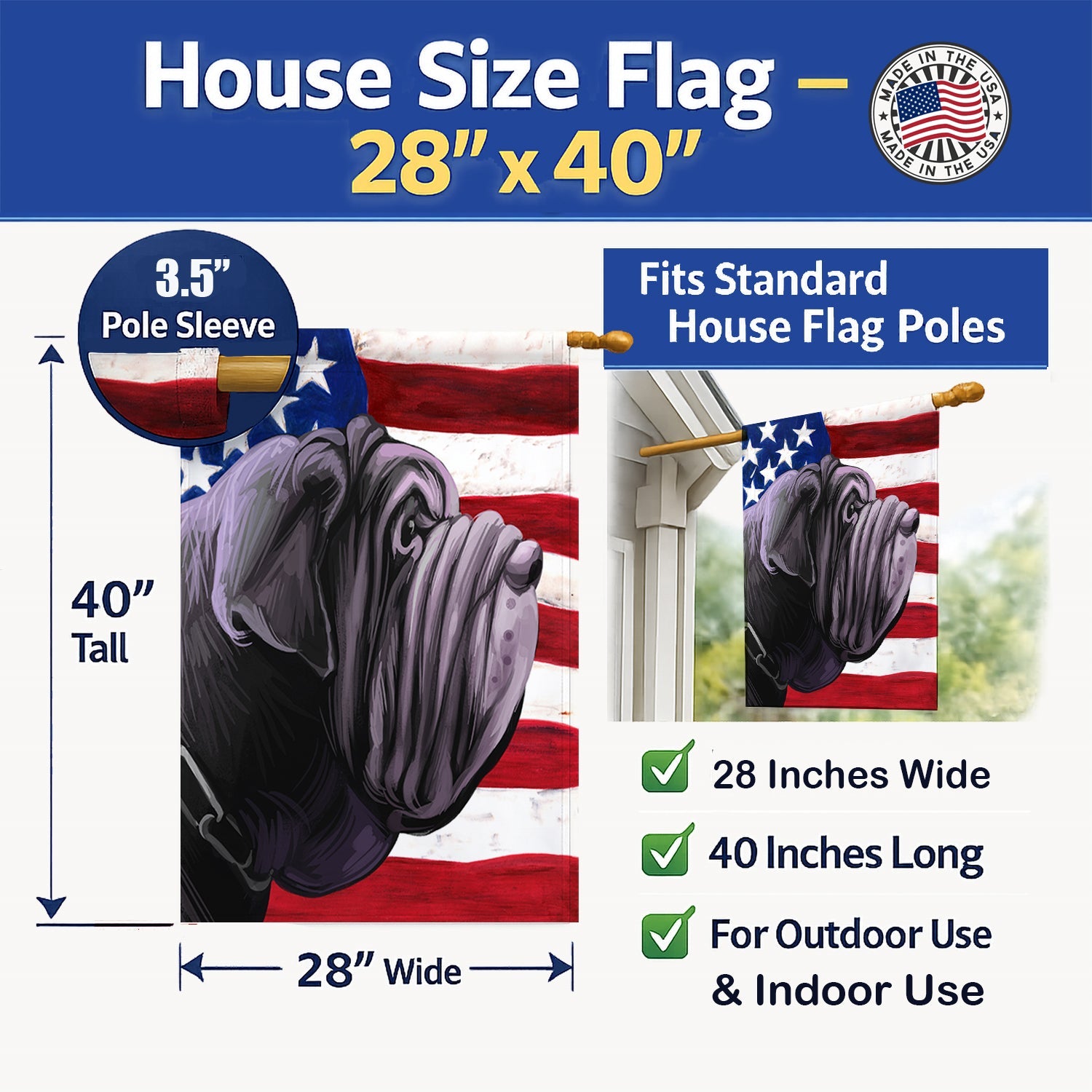 Neapolitan Mastiff Dog American Flag House Flag 28x40 Porch Sleeve Pole Decorative Outside Yard Banner Artwork Wall Hanging, Polyester