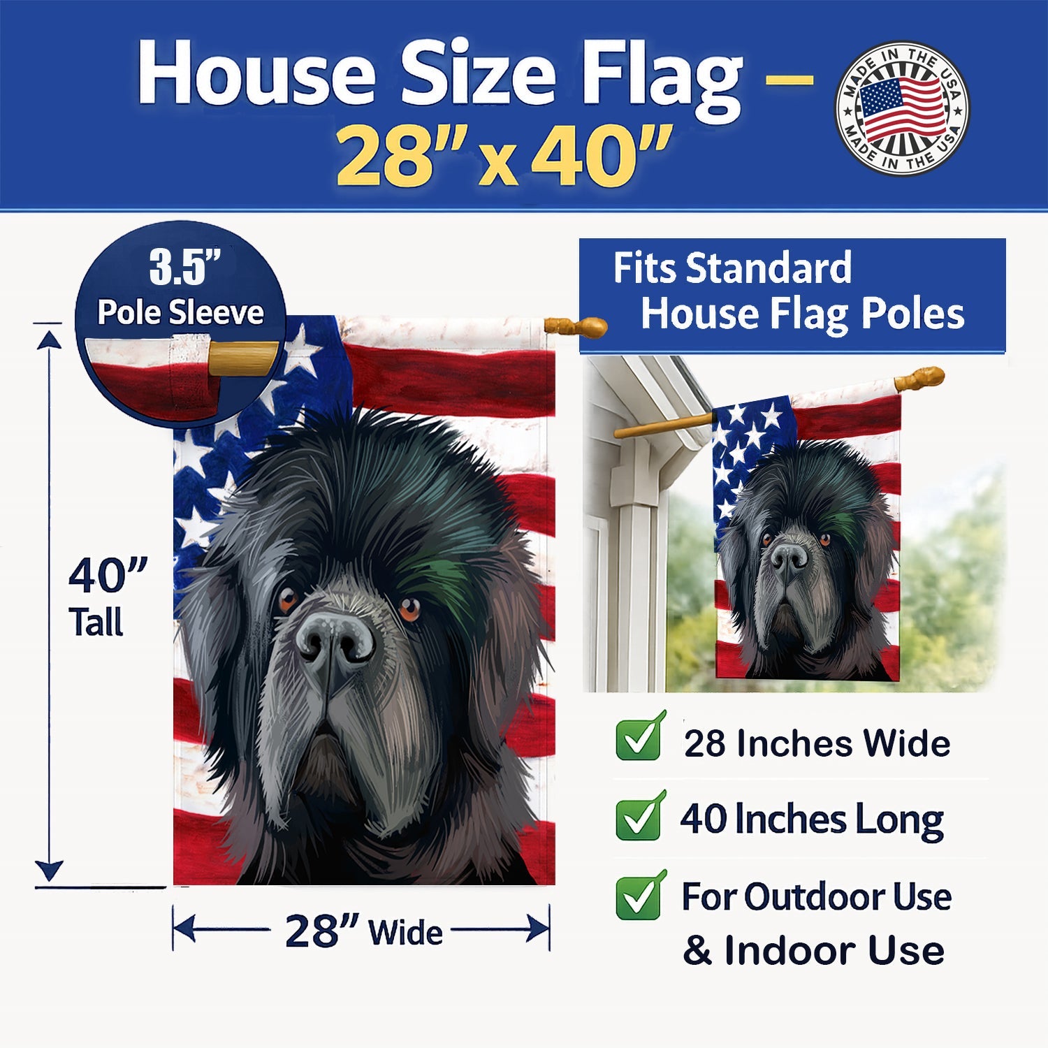 Newfoundland Dog American Flag House Flag 28x40 Porch Sleeve Pole Decorative Outside Yard Banner Artwork Wall Hanging, Polyester