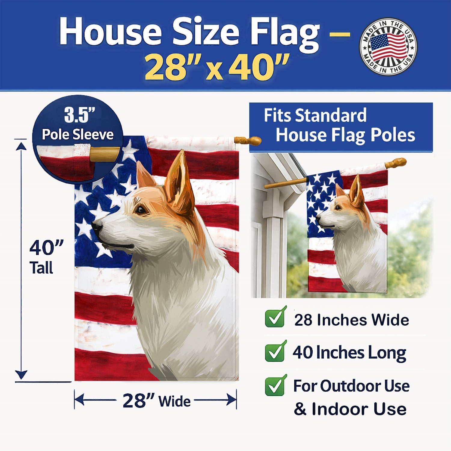 Norrbottenspets Dog American Flag House Flag 28x40 Porch Sleeve Pole Decorative Outside Yard Banner Artwork Wall Hanging, Polyester