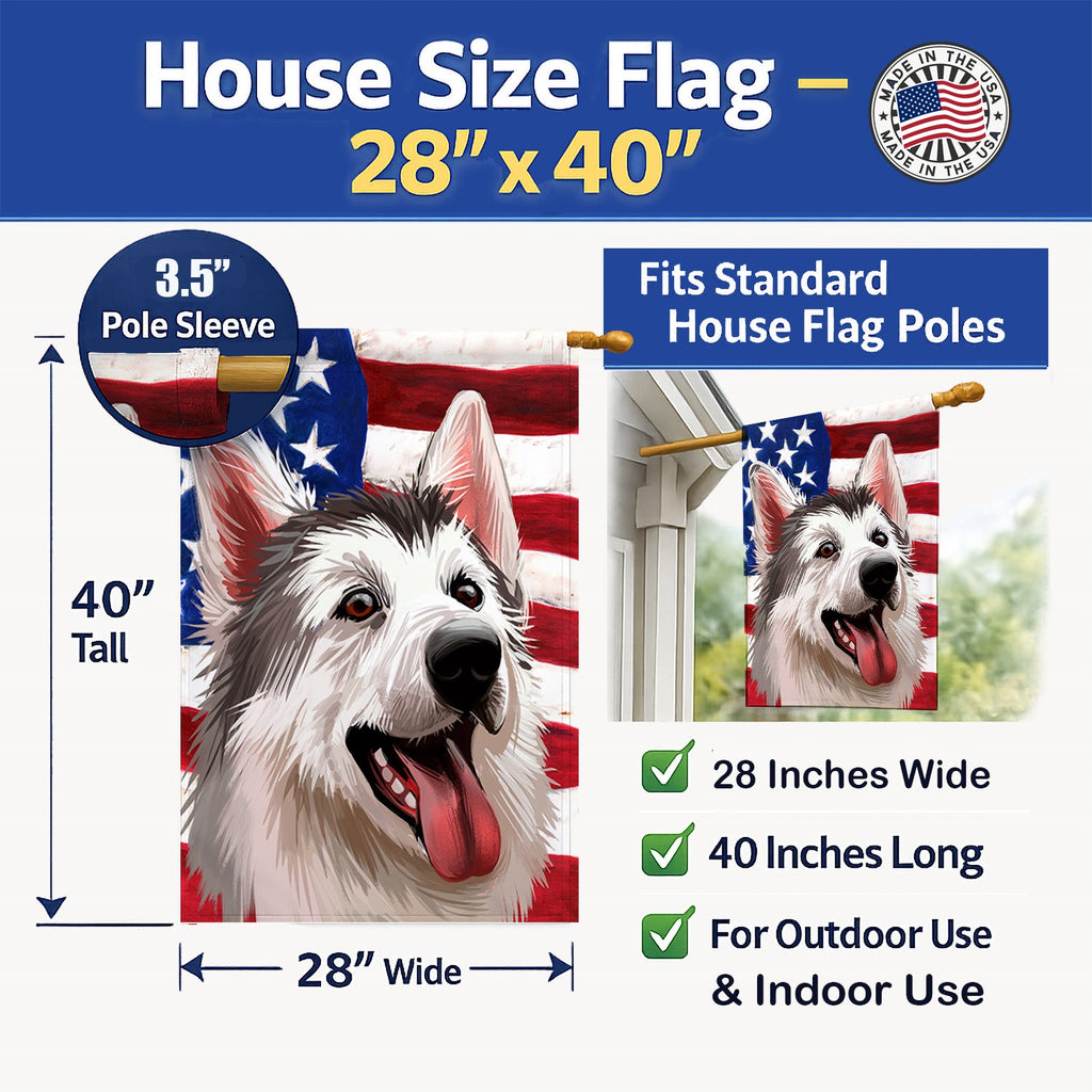 Northern Inuit Dog American Flag House Flag 28x40 Porch Sleeve Pole Decorative Outside Yard Banner Artwork Wall Hanging, Polyester