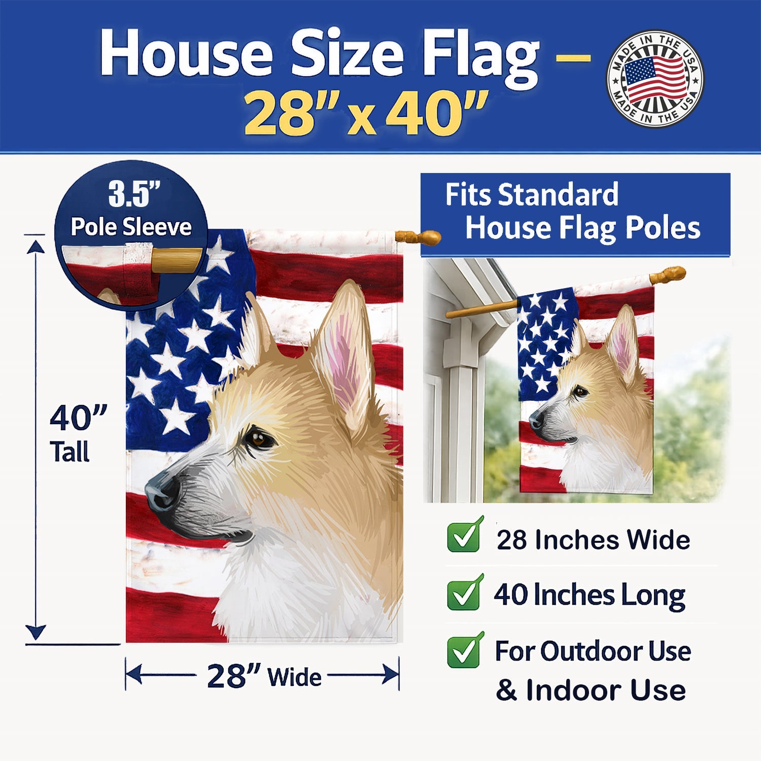 Norwegian Buhund Dog American Flag House Flag 28x40 Porch Sleeve Pole Decorative Outside Yard Banner Artwork Wall Hanging, Polyester