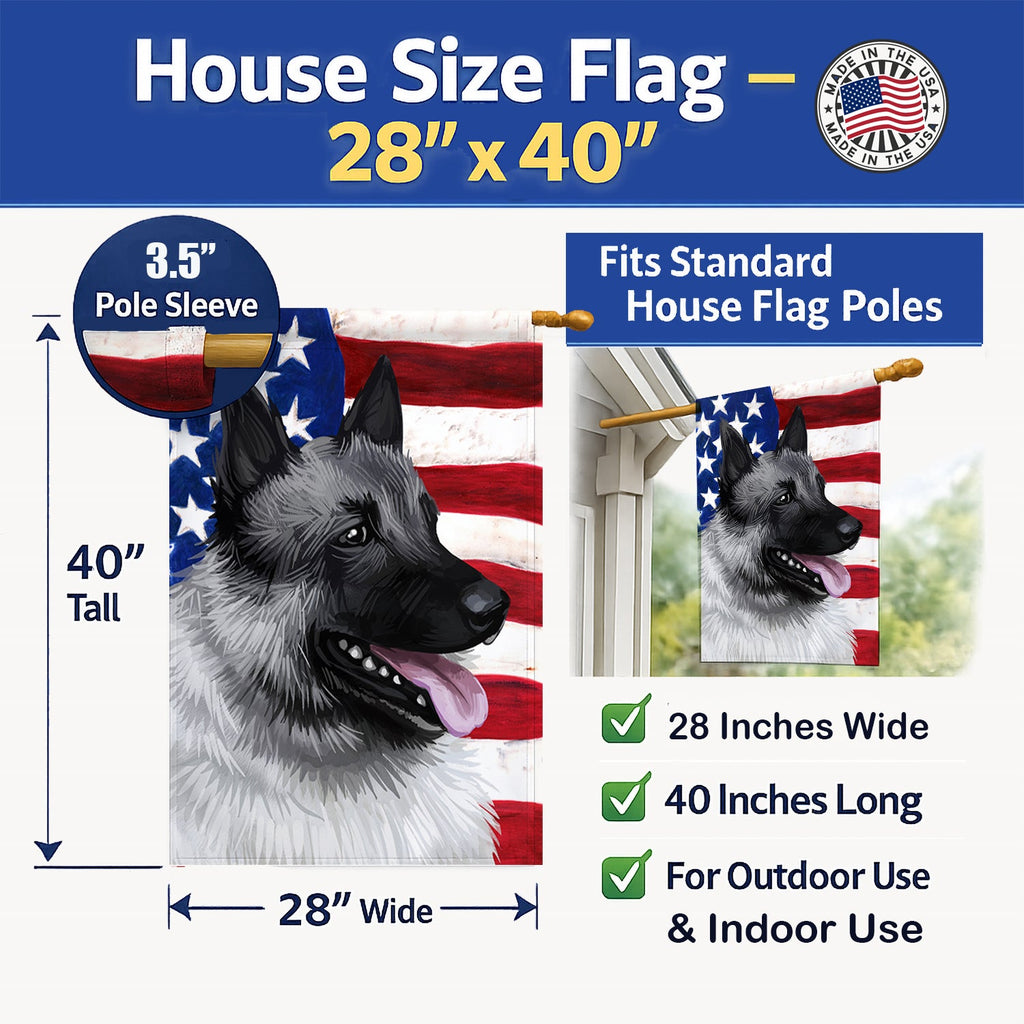 Norwegian Elkhound Dog American Flag House Flag 28x40 Porch Sleeve Pole Decorative Outside Yard Banner Artwork Wall Hanging, Polyester