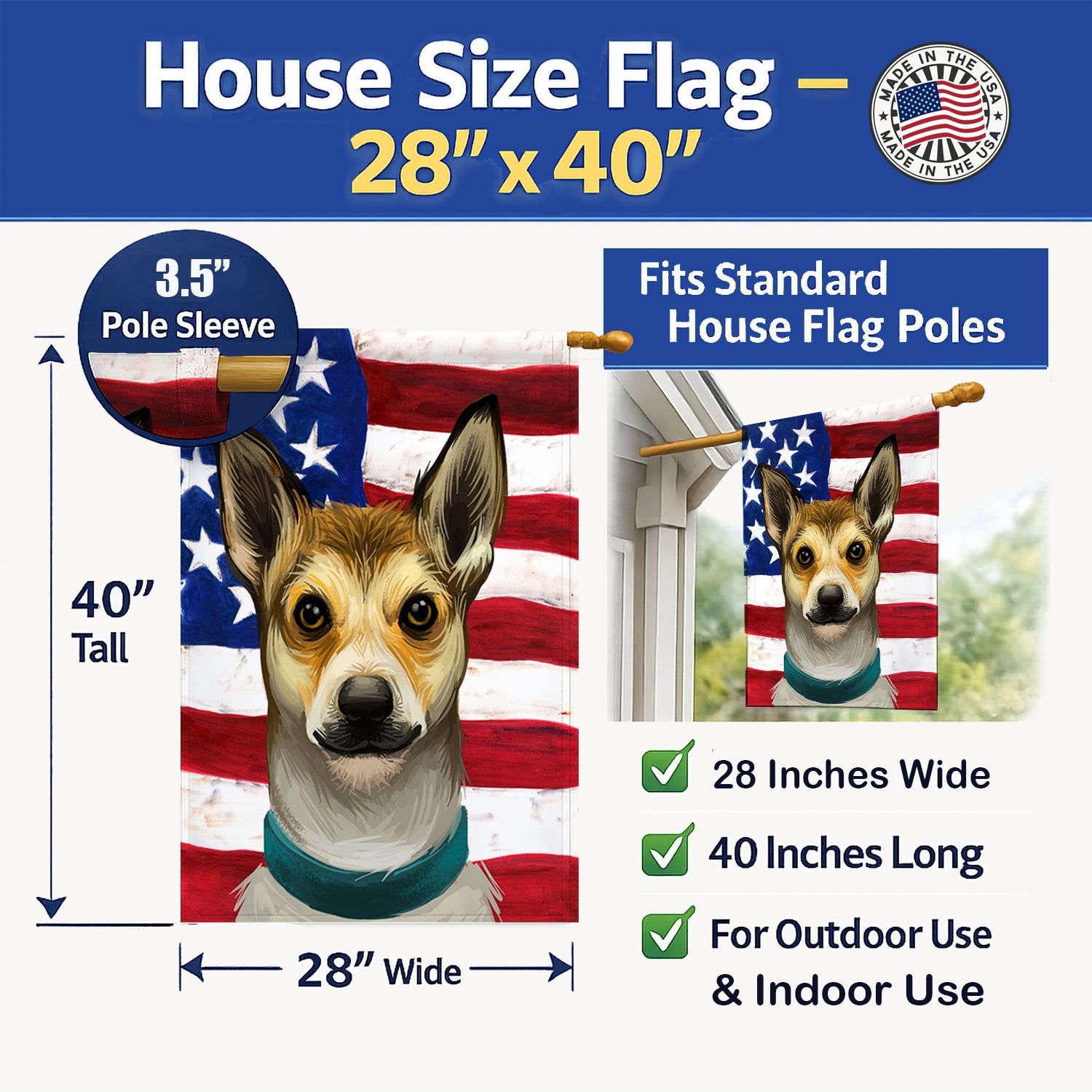 Norwegian Lundehund Dog American Flag House Flag 28x40 Porch Sleeve Pole Decorative Outside Yard Banner Artwork Wall Hanging, Polyester
