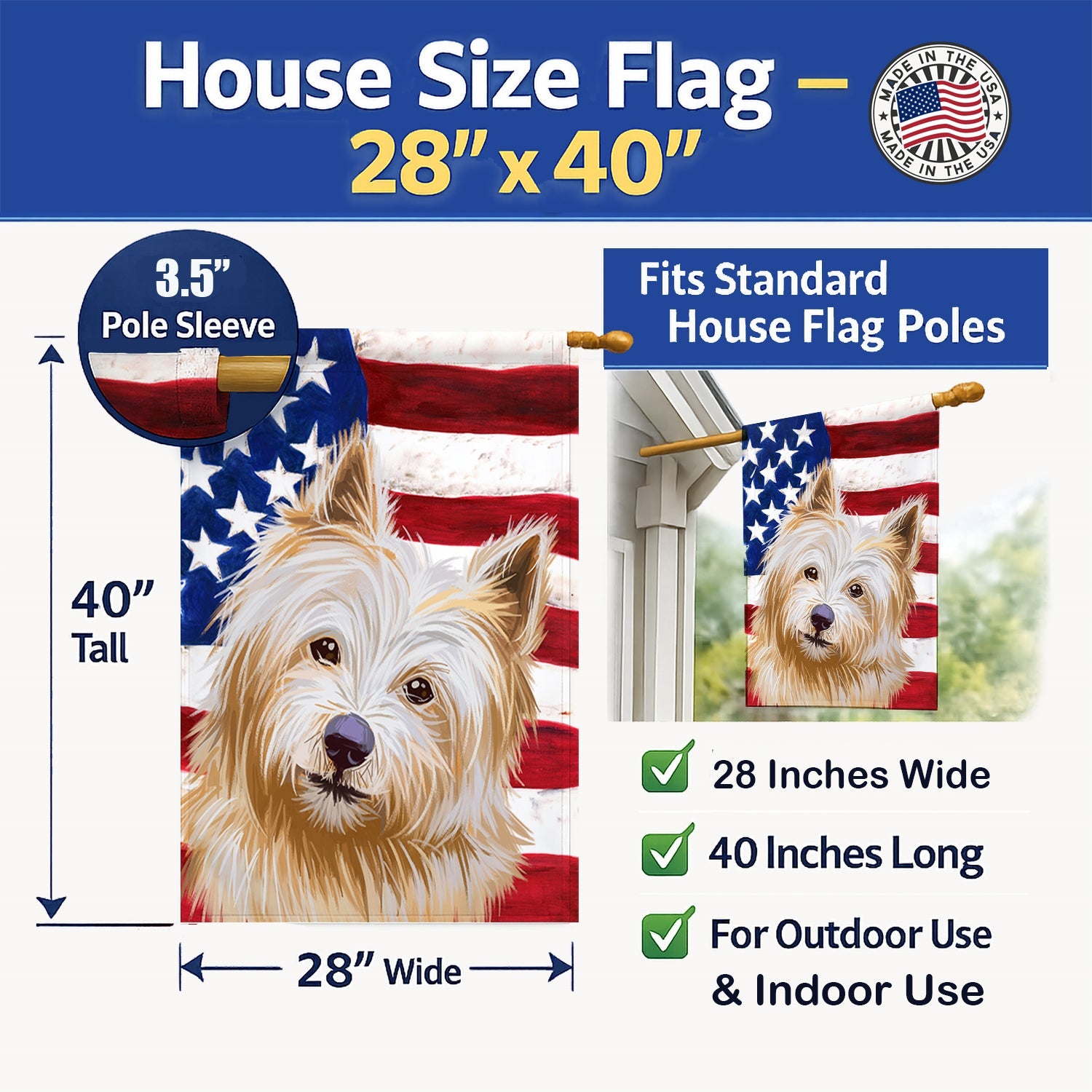 Norwich Terrier Dog American Flag House Flag 28x40 Porch Sleeve Pole Decorative Outside Yard Banner Artwork Wall Hanging, Polyester
