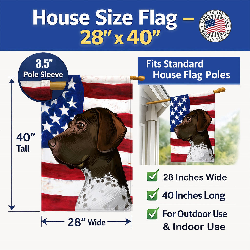 Old Danish Pointer Dog American Flag House Flag 28x40 Porch Sleeve Pole Decorative Outside Yard Banner Artwork Wall Hanging, Polyester