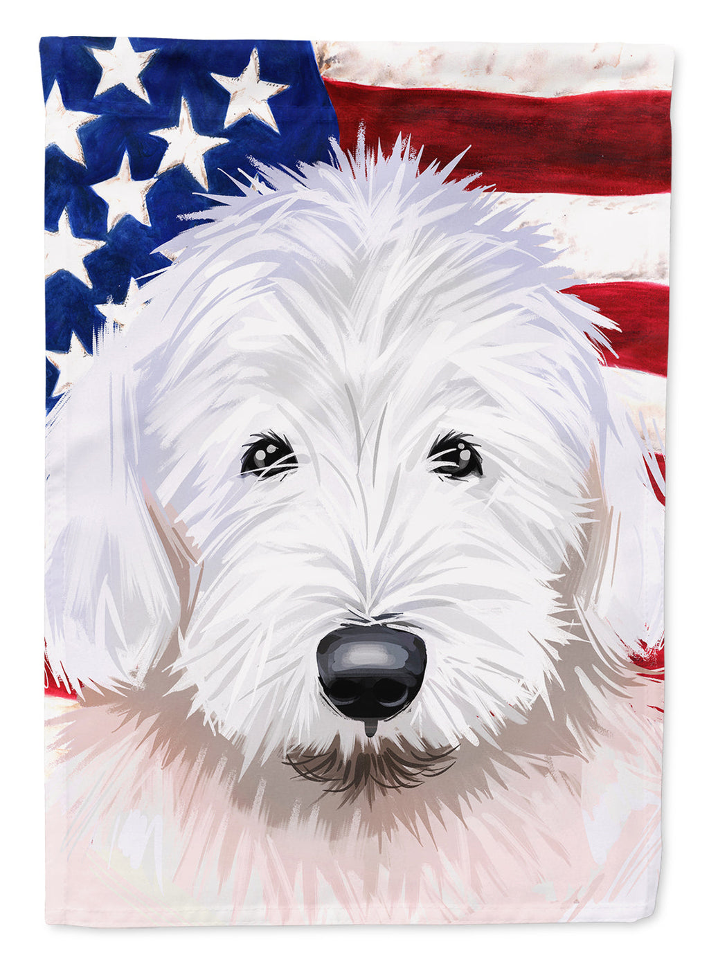Old English Sheepdog American Flag House Flag 28x40 Porch Sleeve Pole Decorative Outside Yard Banner Artwork Wall Hanging, Polyester