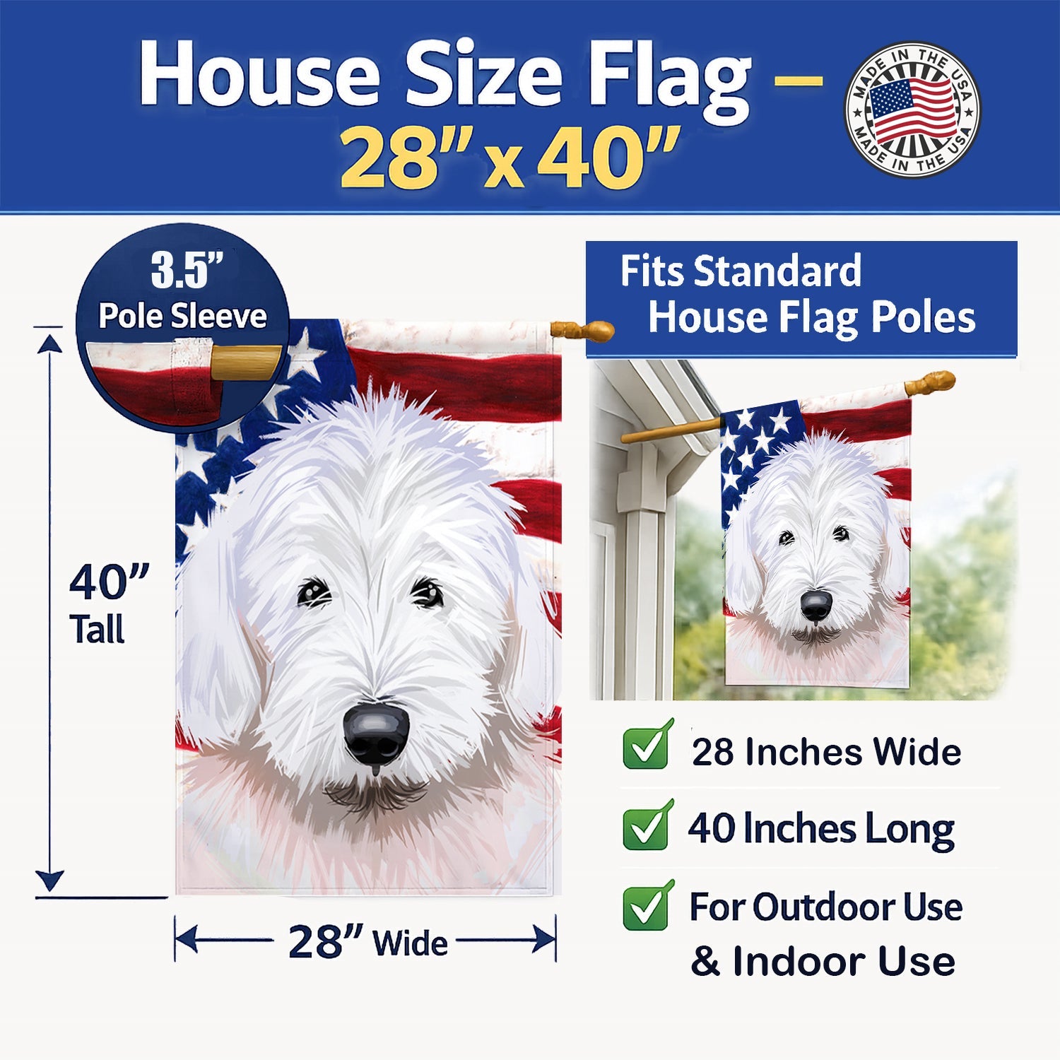 Old English Sheepdog American Flag House Flag 28x40 Porch Sleeve Pole Decorative Outside Yard Banner Artwork Wall Hanging, Polyester