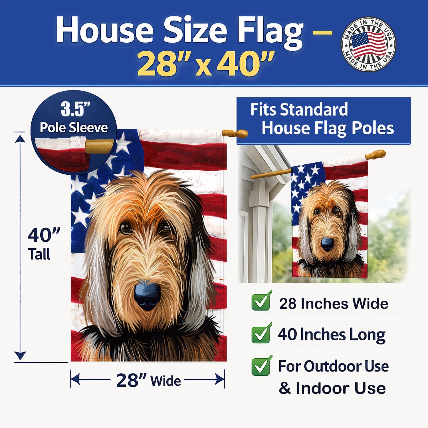 Otterhound Dog American Flag House Flag 28x40 Porch Sleeve Pole Decorative Outside Yard Banner Artwork Wall Hanging, Polyester