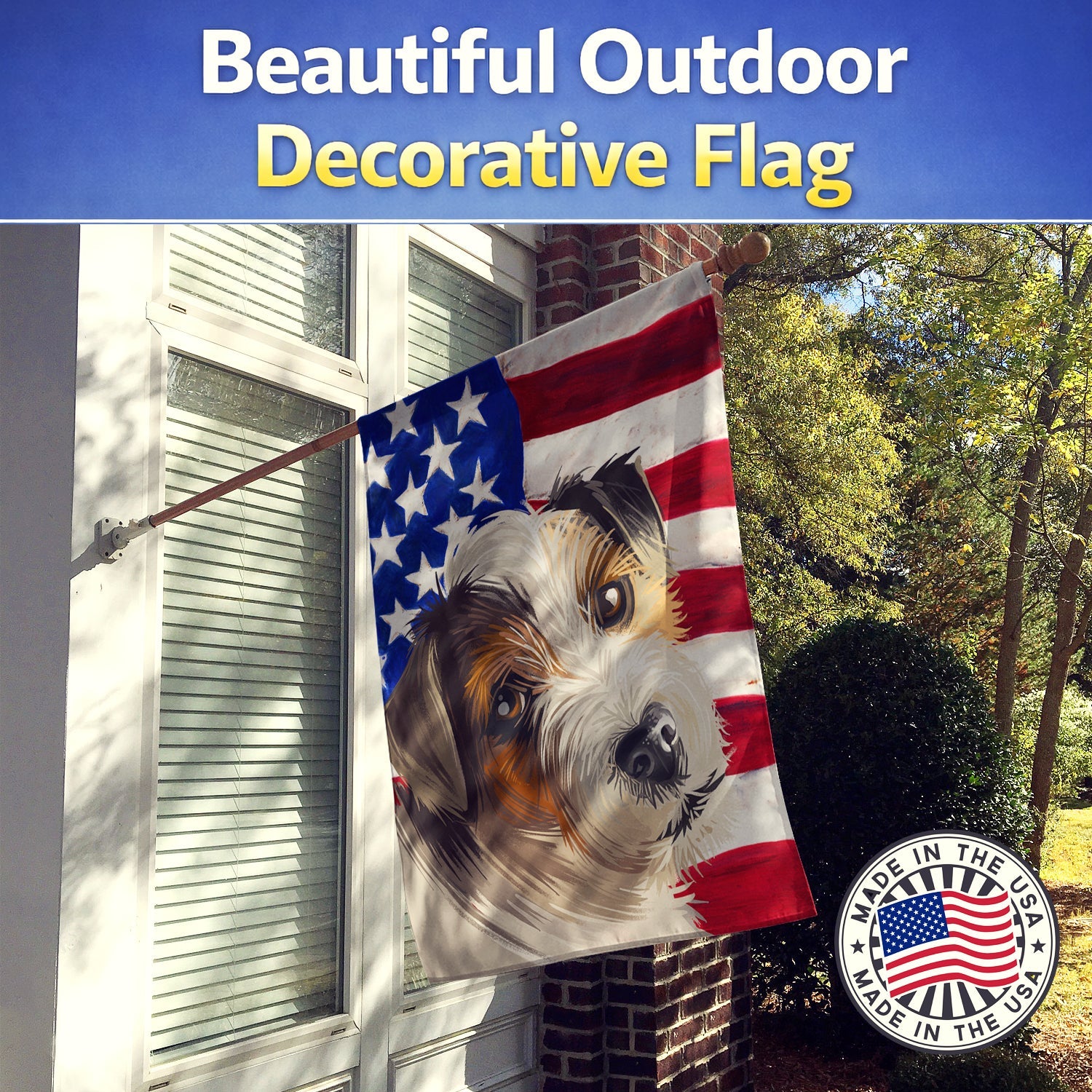 Parson Russell Terrier American Flag House Flag 28x40 Porch Sleeve Pole Decorative Outside Yard Banner Artwork Wall Hanging, Polyester