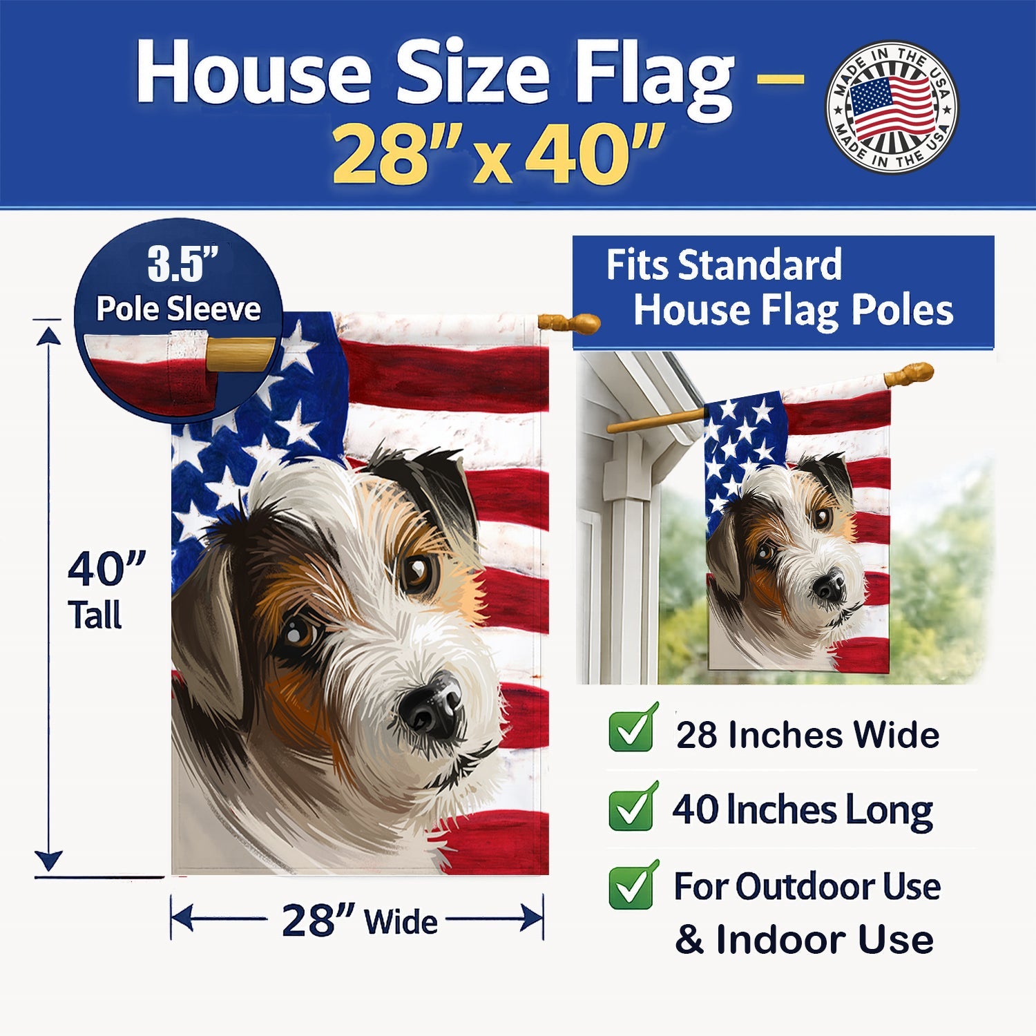 Parson Russell Terrier American Flag House Flag 28x40 Porch Sleeve Pole Decorative Outside Yard Banner Artwork Wall Hanging, Polyester