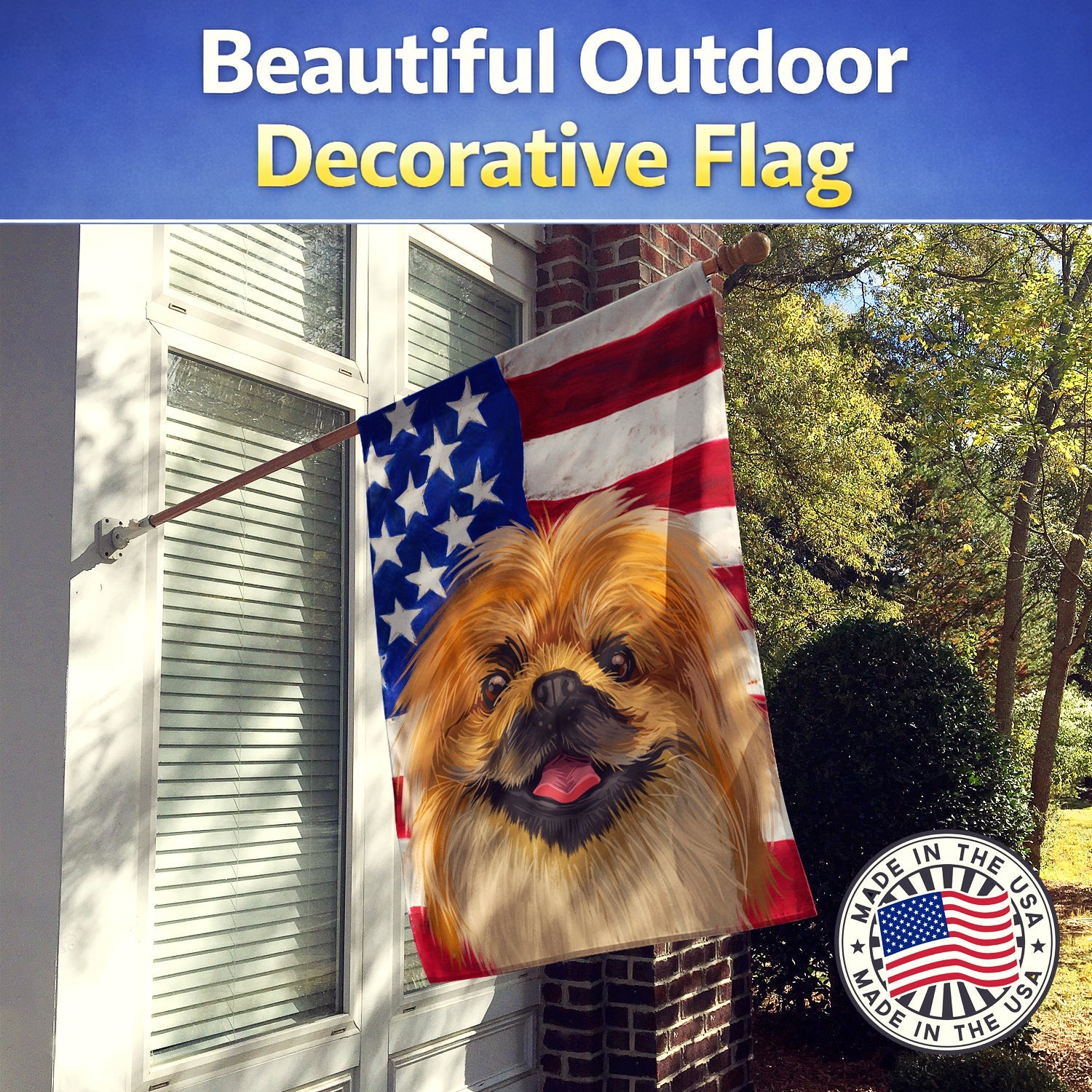 Pekingese Dog American Flag House Flag 28x40 Porch Sleeve Pole Decorative Outside Yard Banner Artwork Wall Hanging, Polyester