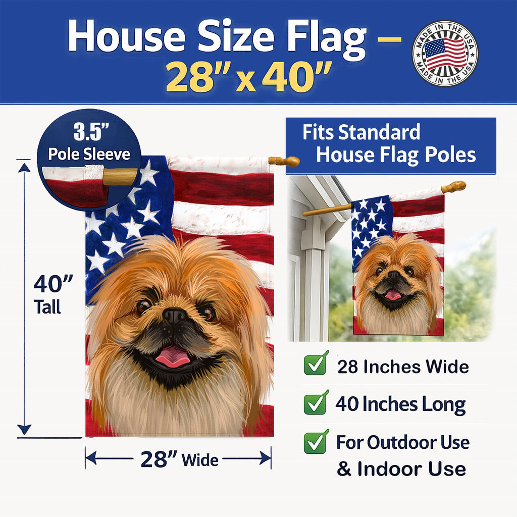 Pekingese Dog American Flag House Flag 28x40 Porch Sleeve Pole Decorative Outside Yard Banner Artwork Wall Hanging, Polyester