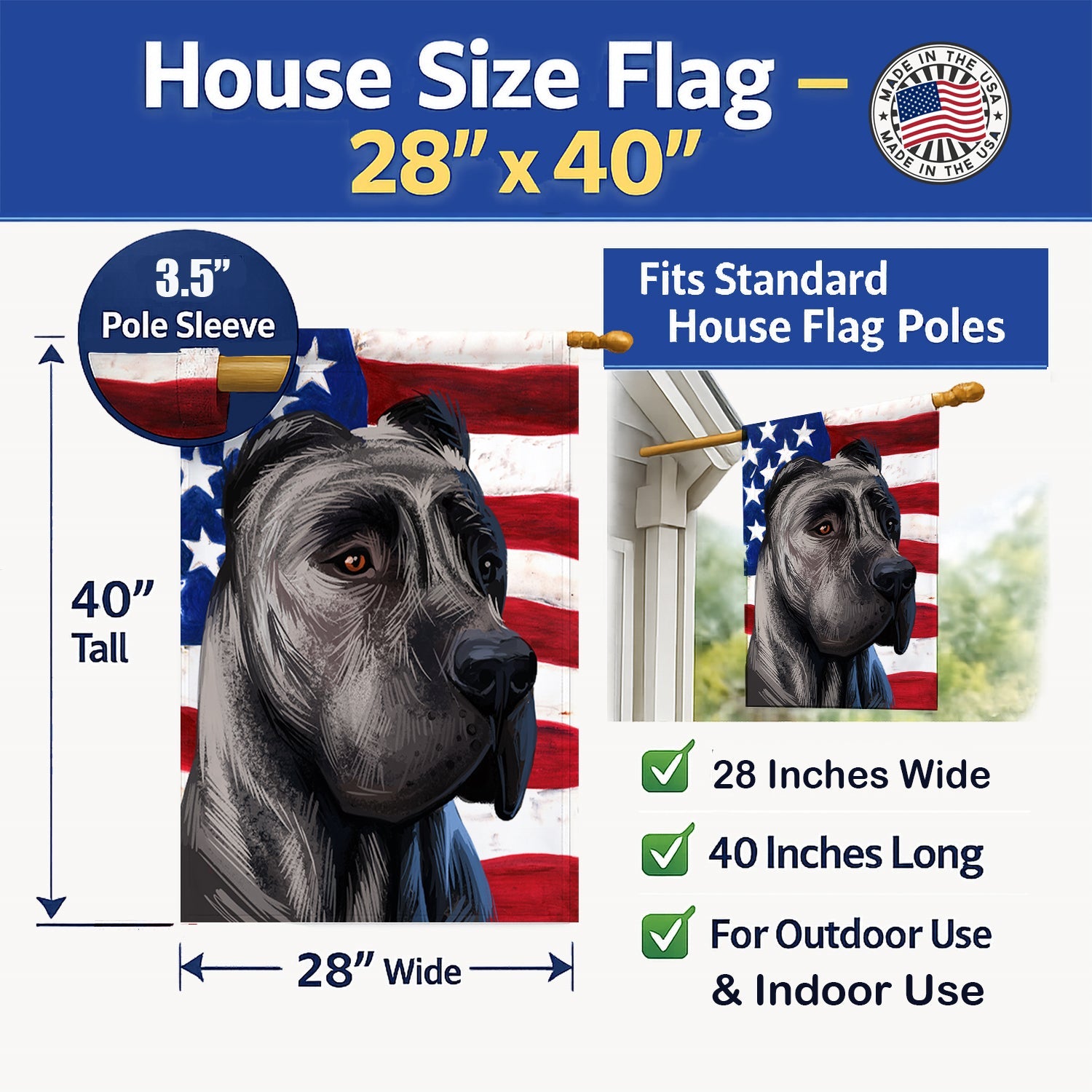 Perro de Presa Canario American Flag House Flag 28x40 Porch Sleeve Pole Decorative Outside Yard Banner Artwork Wall Hanging, Polyester
