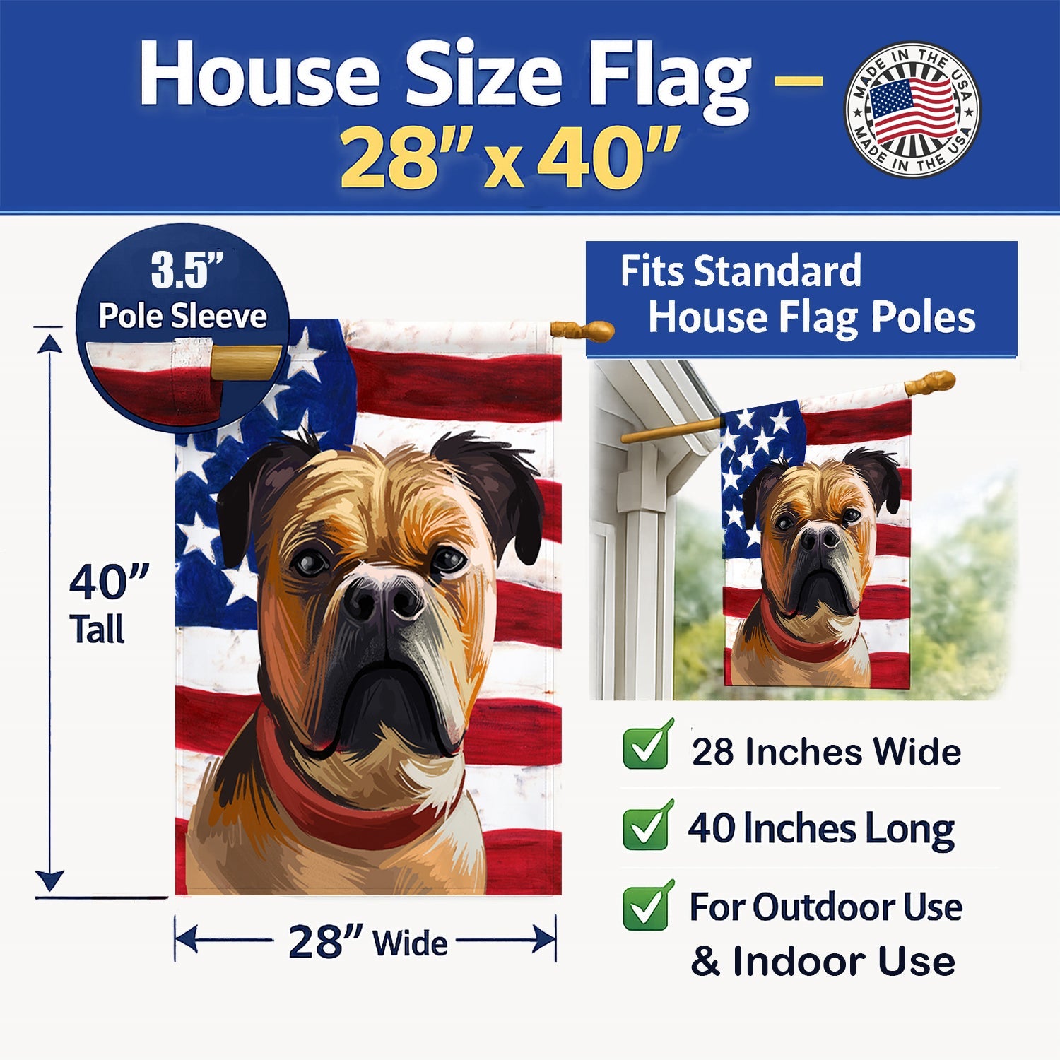 Perro de Presa Mallorquin American Flag House Flag 28x40 Porch Sleeve Pole Decorative Outside Yard Banner Artwork Wall Hanging, Polyester