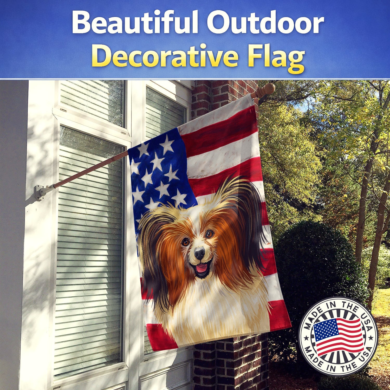 Phalene Dog American Flag House Flag 28x40 Porch Sleeve Pole Decorative Outside Yard Banner Artwork Wall Hanging, Polyester