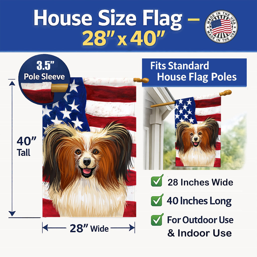 Phalene Dog American Flag House Flag 28x40 Porch Sleeve Pole Decorative Outside Yard Banner Artwork Wall Hanging, Polyester