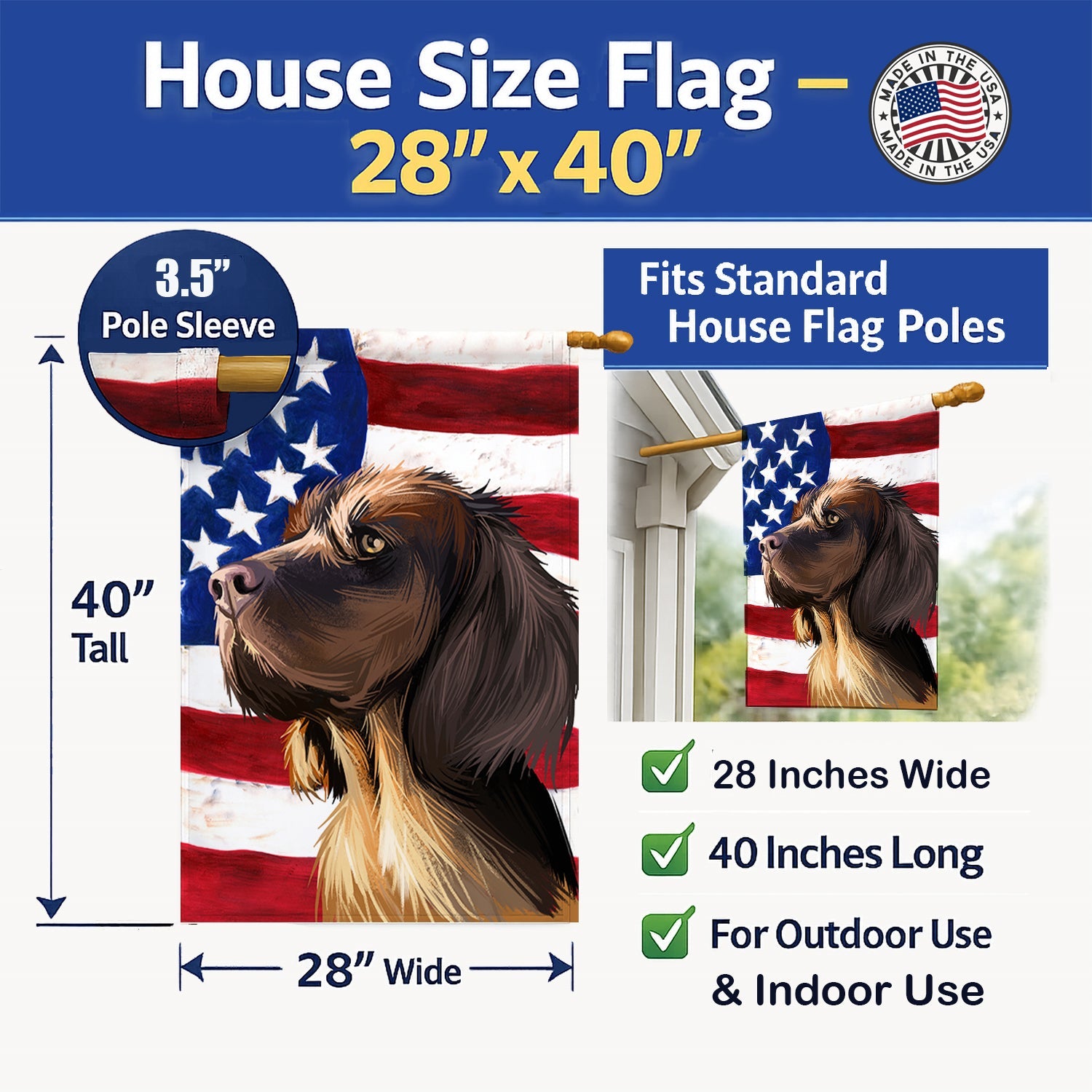 Picardy Spaniel Dog American Flag House Flag 28x40 Porch Sleeve Pole Decorative Outside Yard Banner Artwork Wall Hanging, Polyester