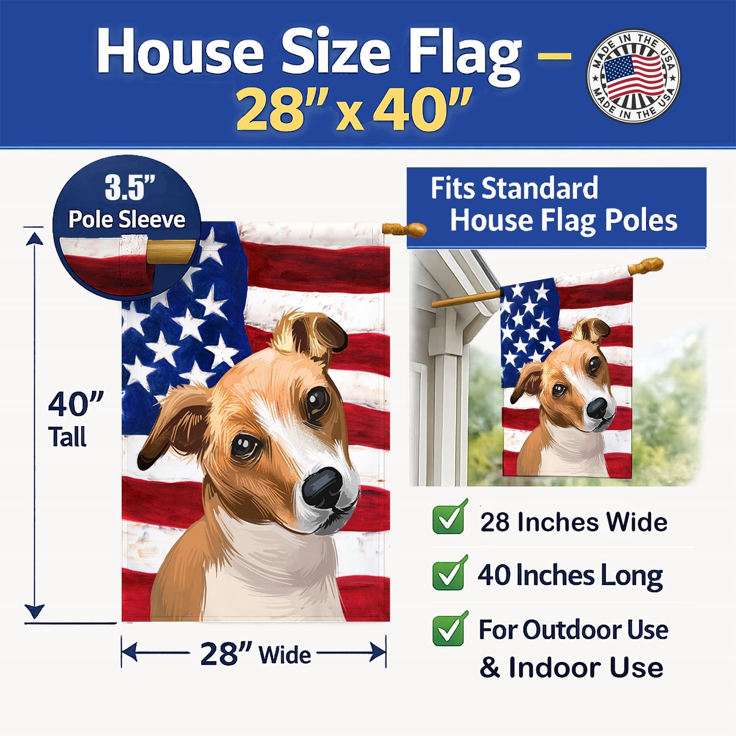 Plummer Terrier American Flag House Flag 28x40 Porch Sleeve Pole Decorative Outside Yard Banner Artwork Wall Hanging, Polyester