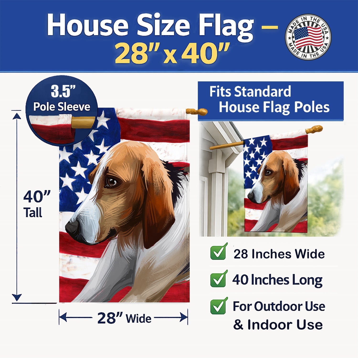 Poitevin Dog American Flag House Flag 28x40 Porch Sleeve Pole Decorative Outside Yard Banner Artwork Wall Hanging, Polyester