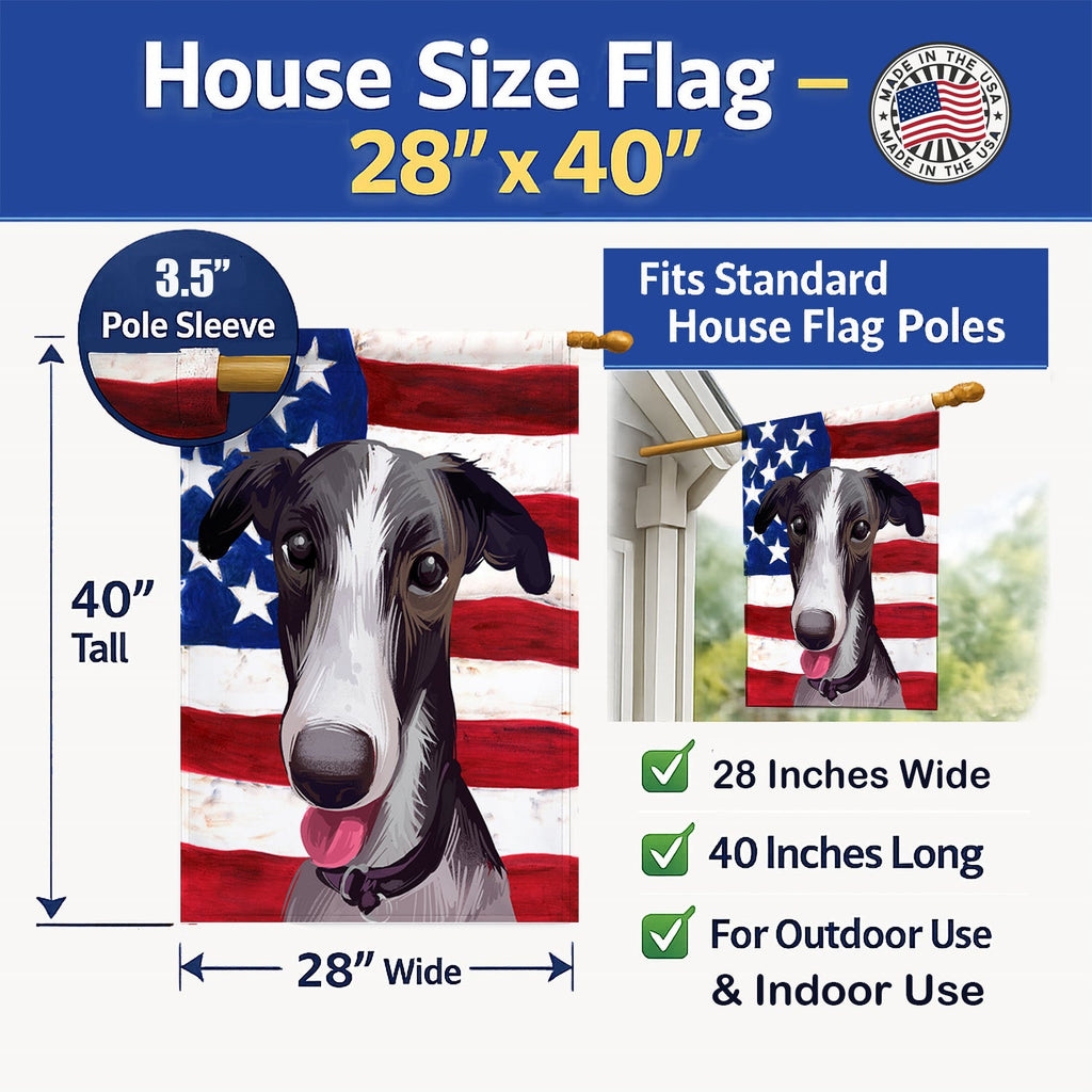Polish Greyhound Dog American Flag House Flag 28x40 Porch Sleeve Pole Decorative Outside Yard Banner Artwork Wall Hanging, Polyester